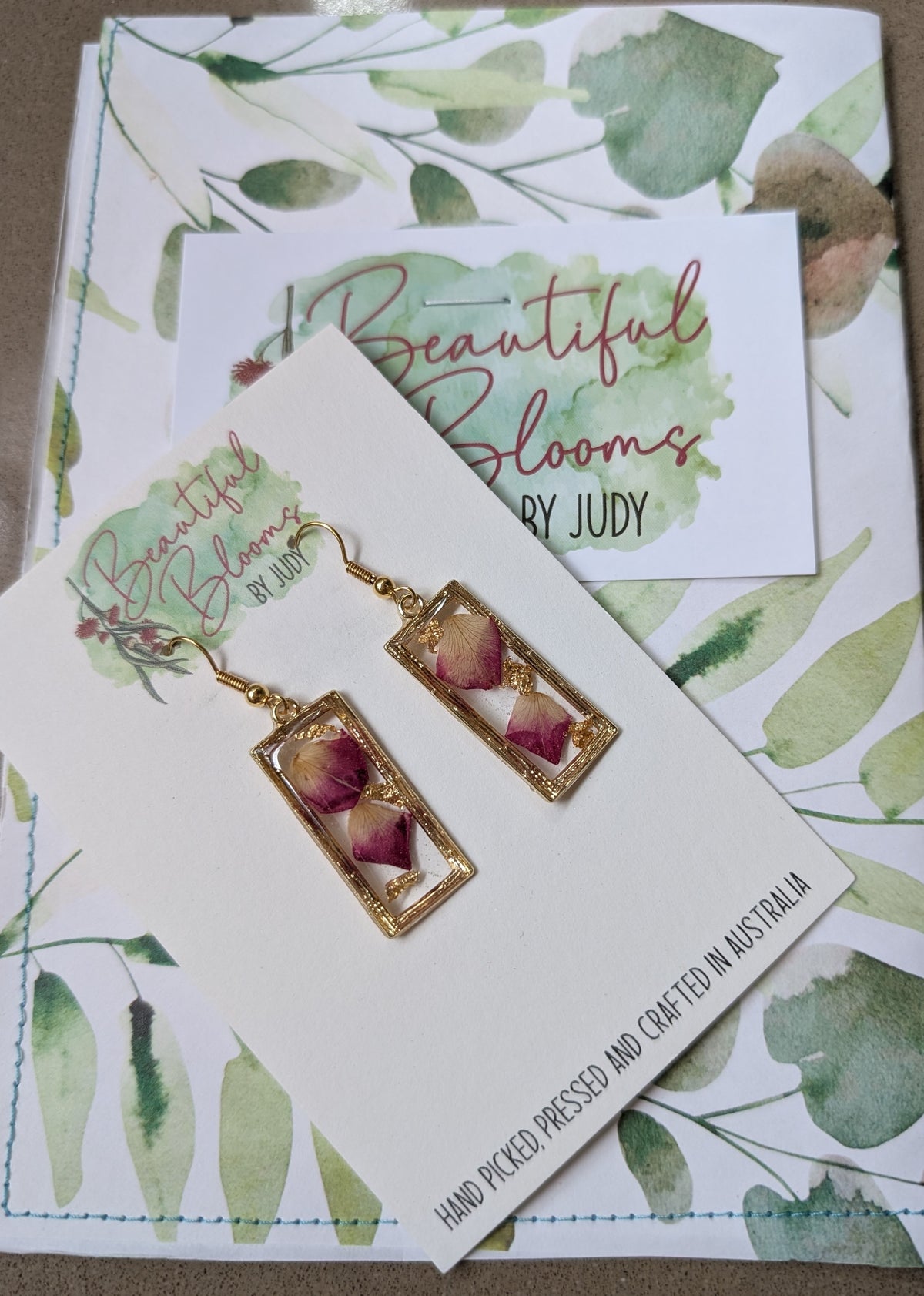 Pink Rose Petal old Rectangular Dangle Earrings