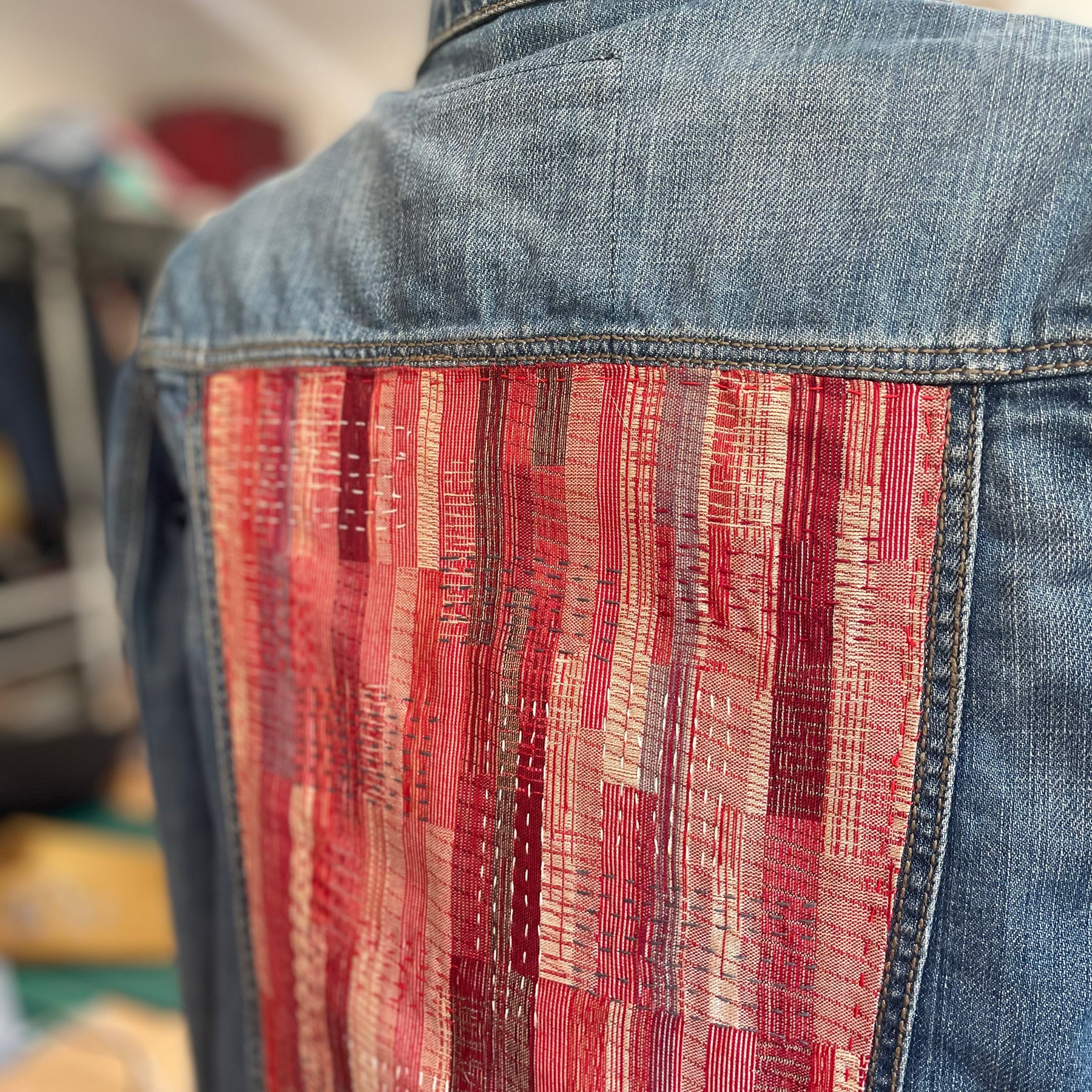 Hand Embroidered Sashiko Denim Jacket, Upcycled