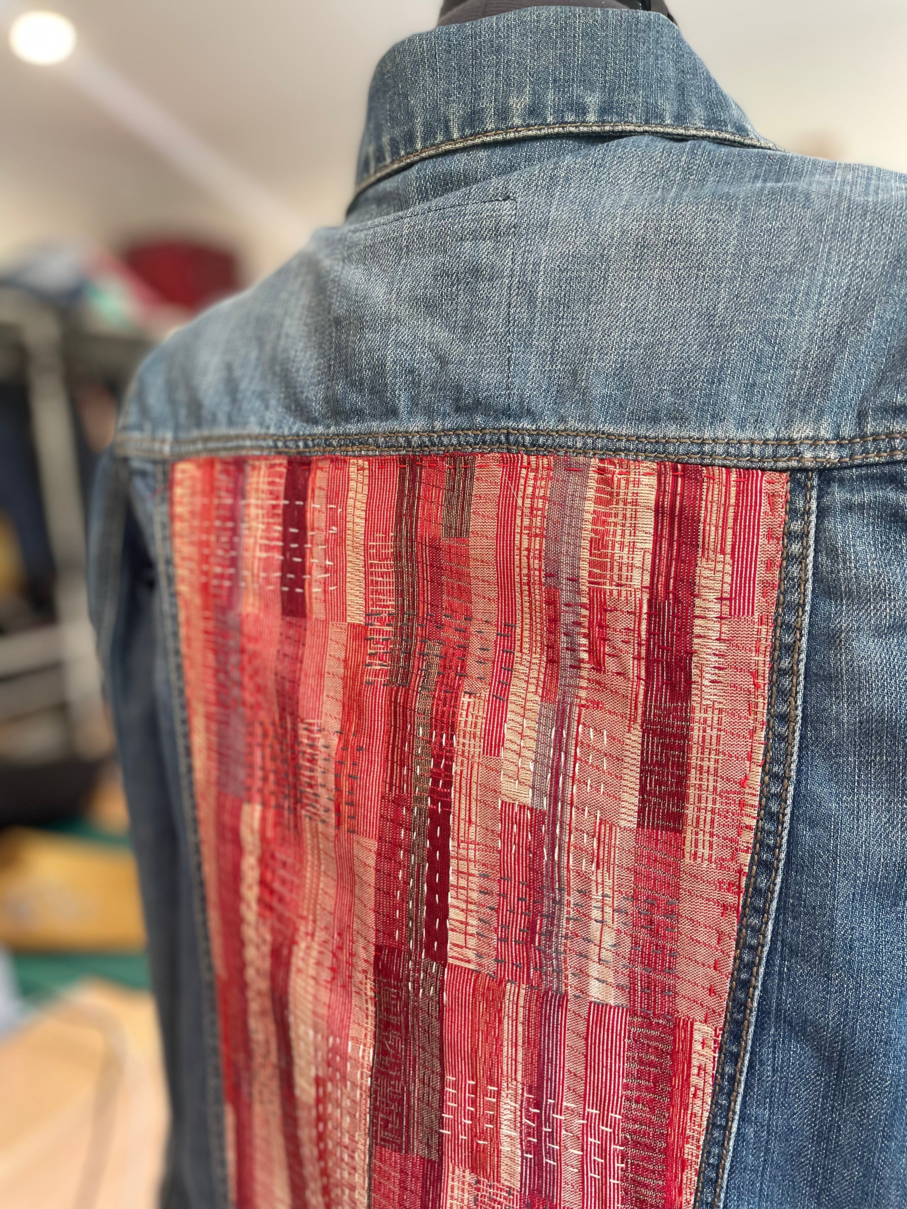 Hand Embroidered Sashiko Denim Jacket, Upcycled