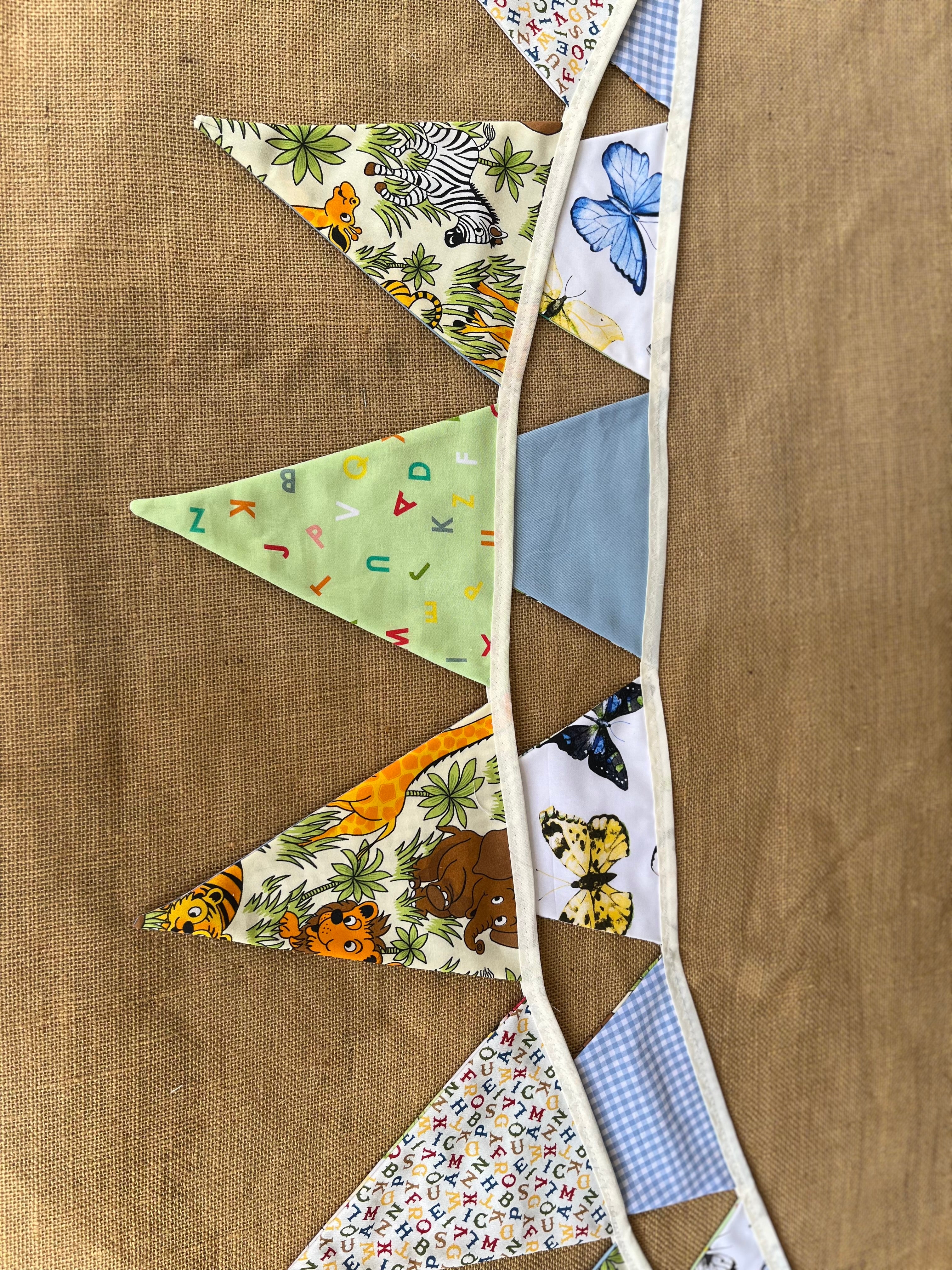 Nursery/celebration Bunting | 3m long | reversible | jungle animals | butterflies