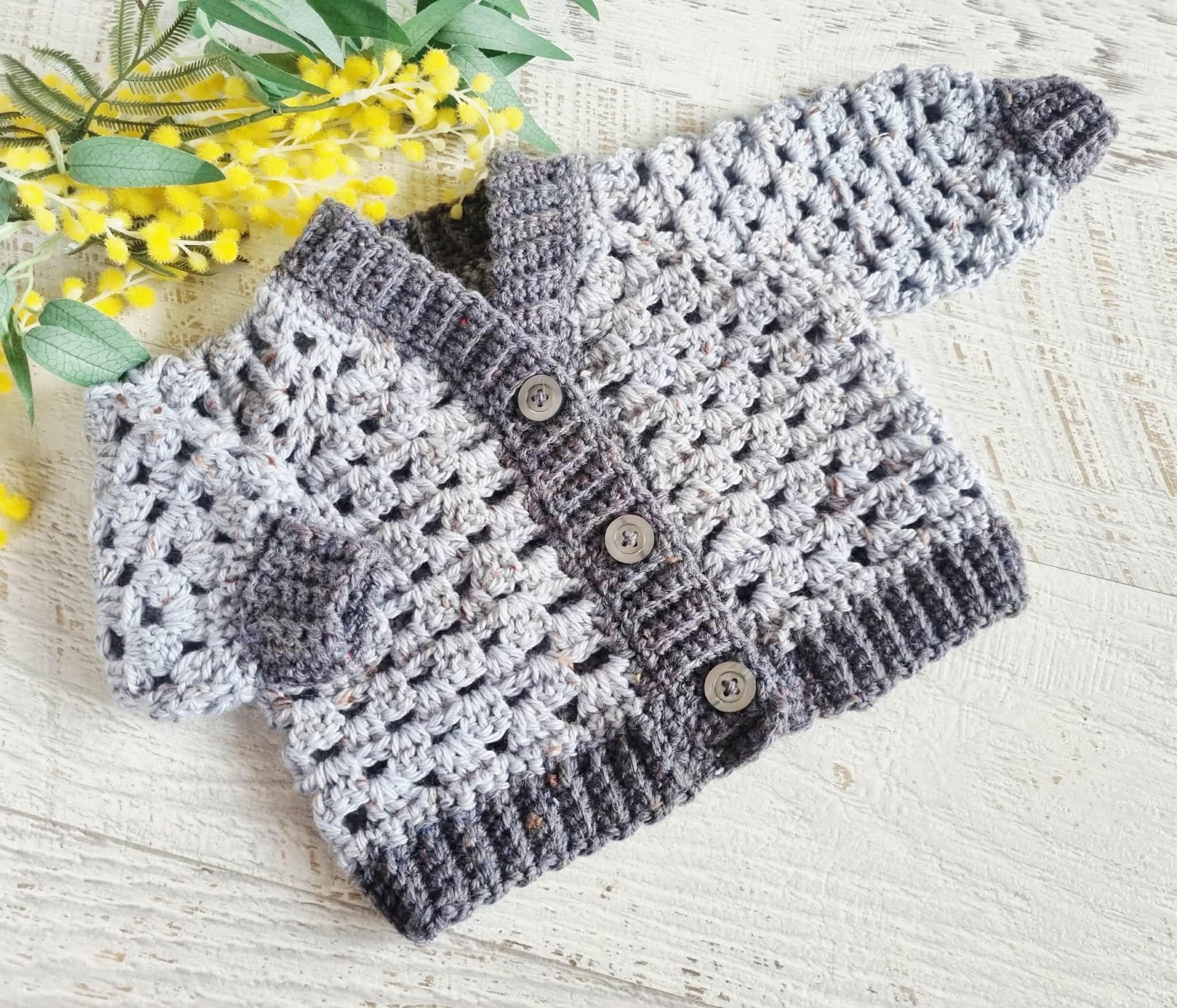 Baby Cardigan | Grey | Newborn | Granny Stitch | Handmade | Crochet | 0-3 months