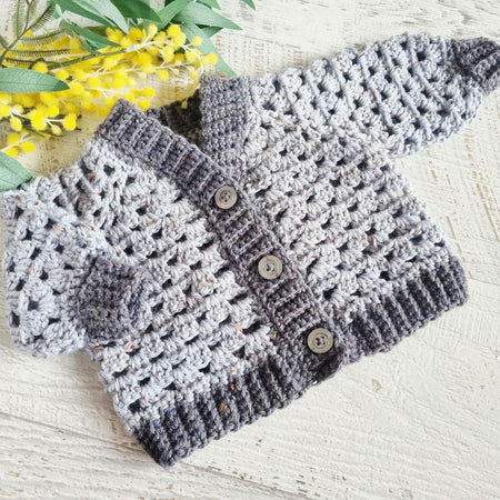 Baby Cardigan | Grey | Newborn | Granny Stitch | Handmade | Crochet | 0-3 months