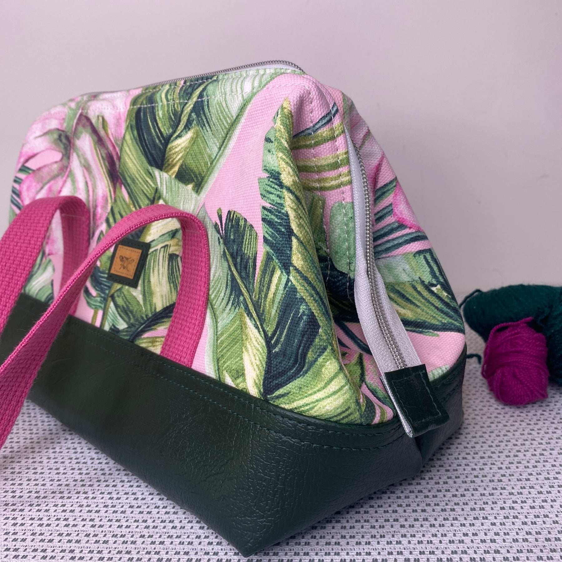 Project Bag - Leaves on Pink with a Dark Green Faux Leather Base