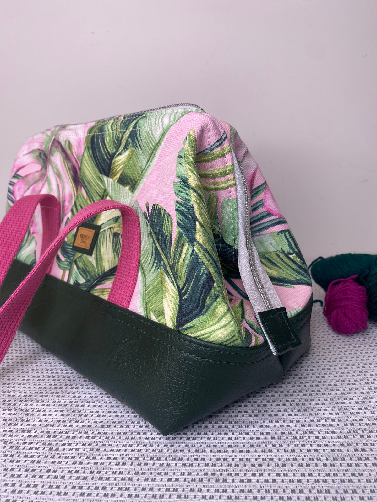 Project Bag - Leaves on Pink with a Dark Green Faux Leather Base