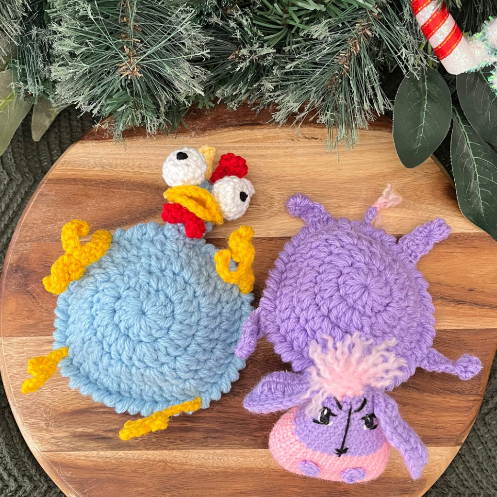 Crochet Donkey Rooster Flip Up Cup Coasters Gift Pack