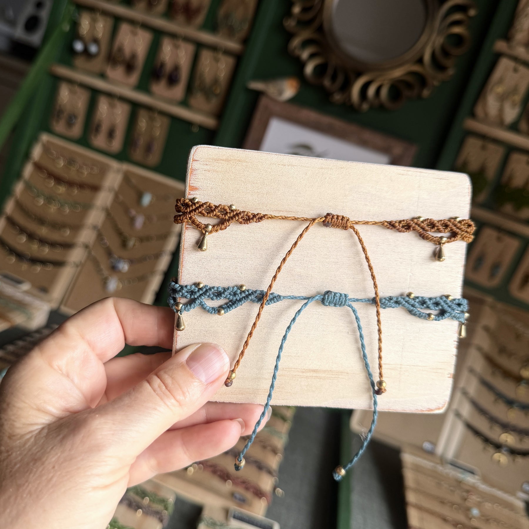 Micro Macrame Boho Anklet with gemstone bead and brass charms