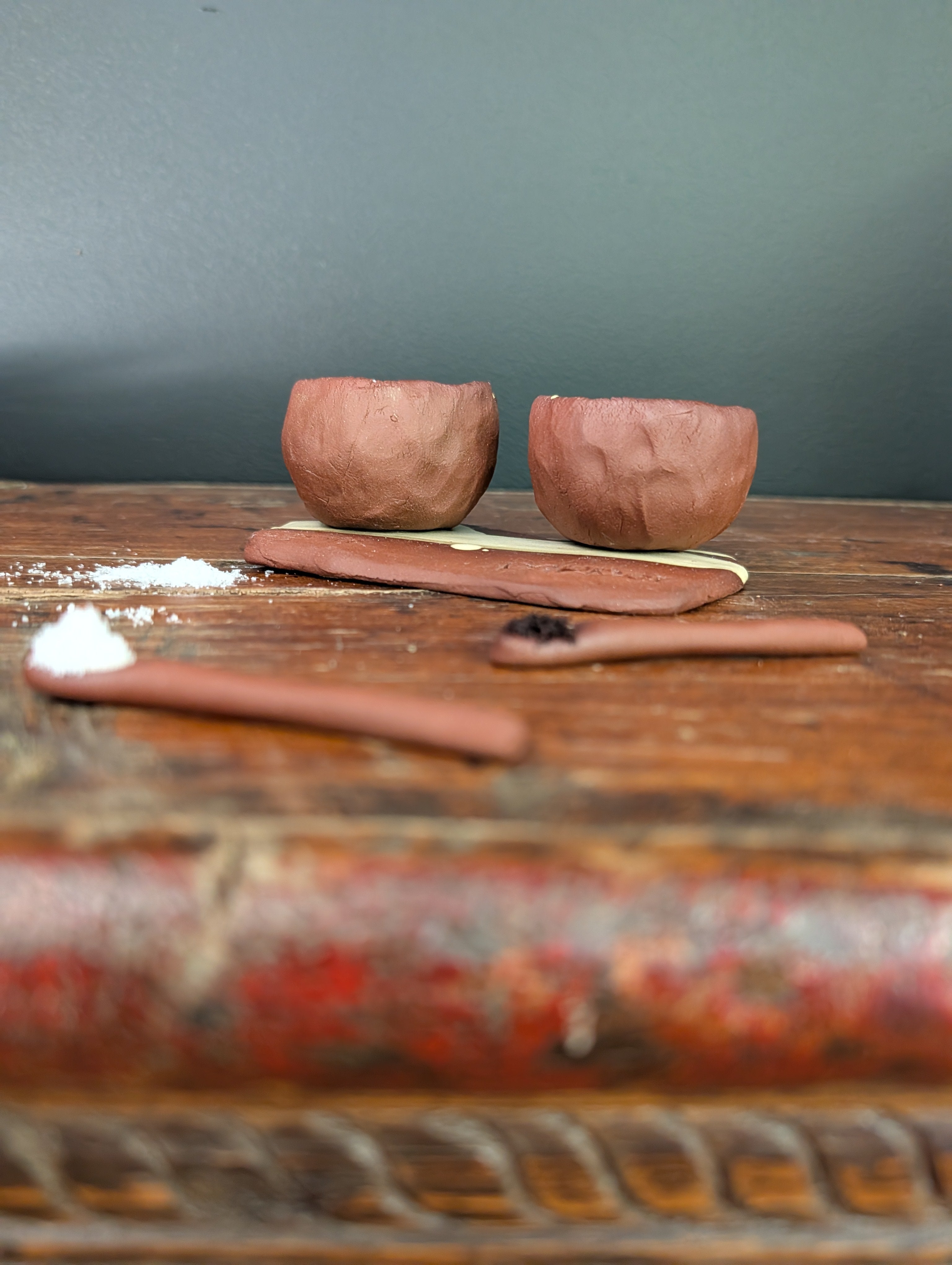 Handmade Ceramic Salt & Pepper Pots with Tray and Spoons