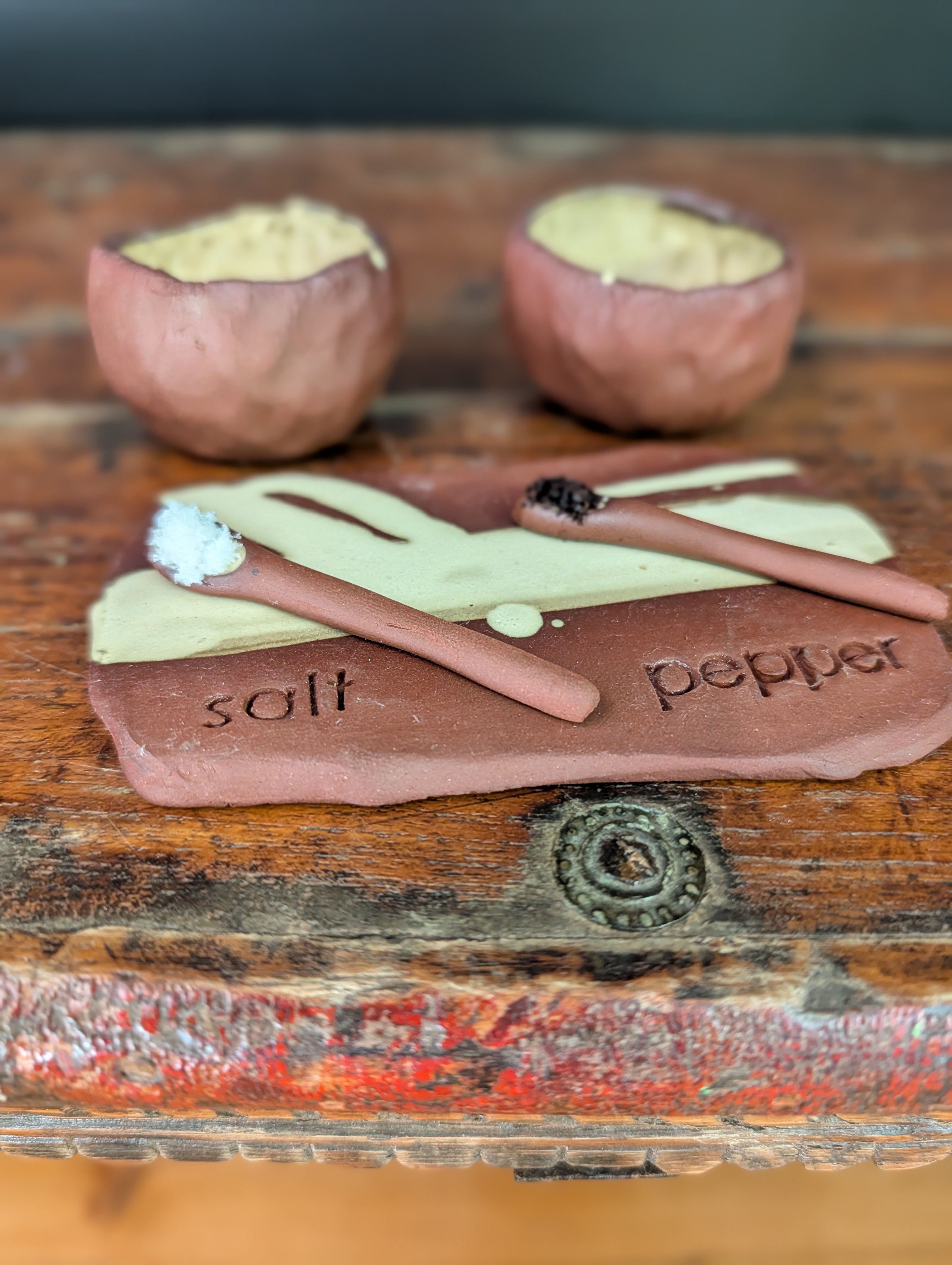 Handmade Ceramic Salt & Pepper Pots with Tray and Spoons