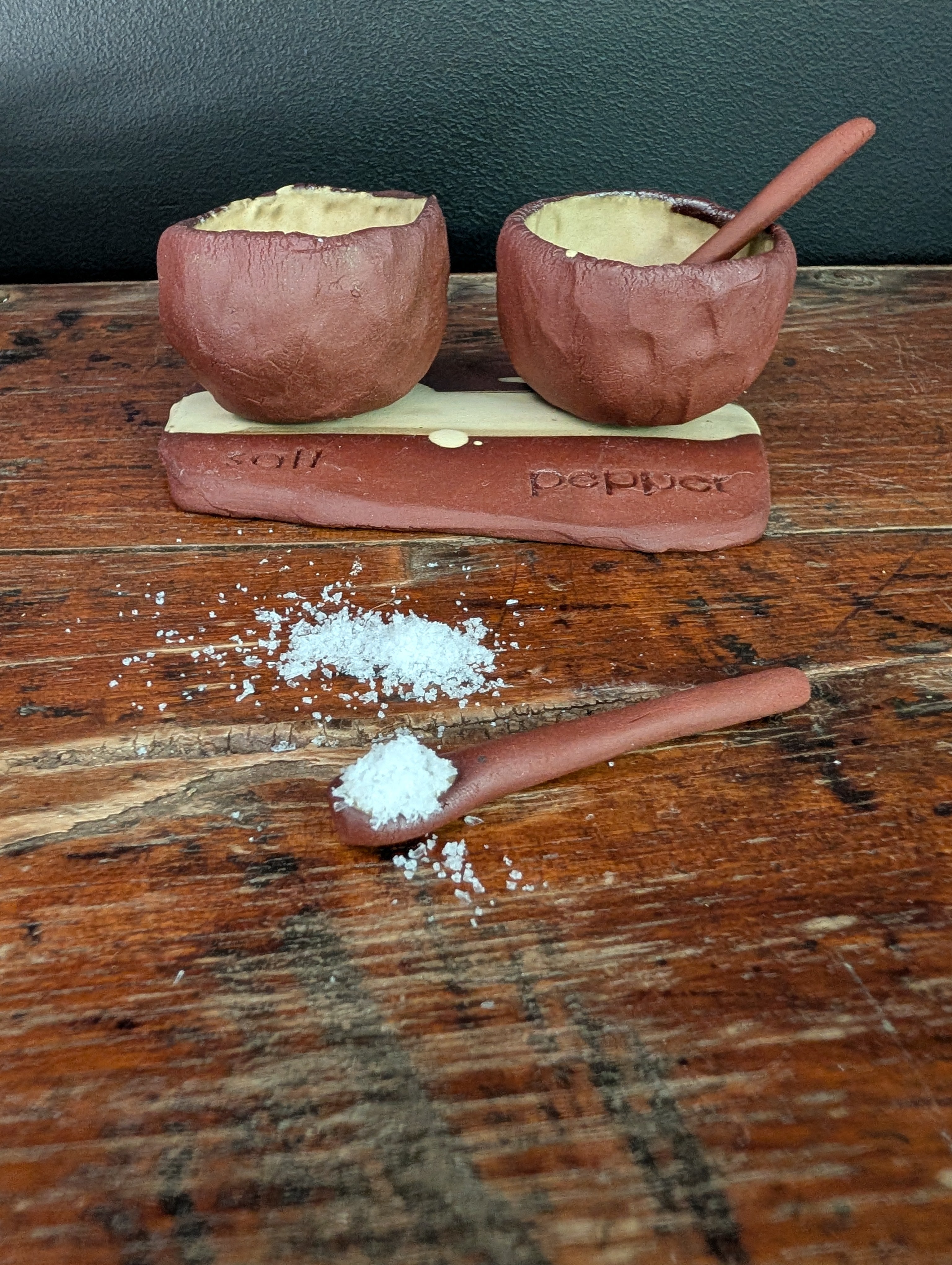 Handmade Ceramic Salt & Pepper Pots with Tray and Spoons