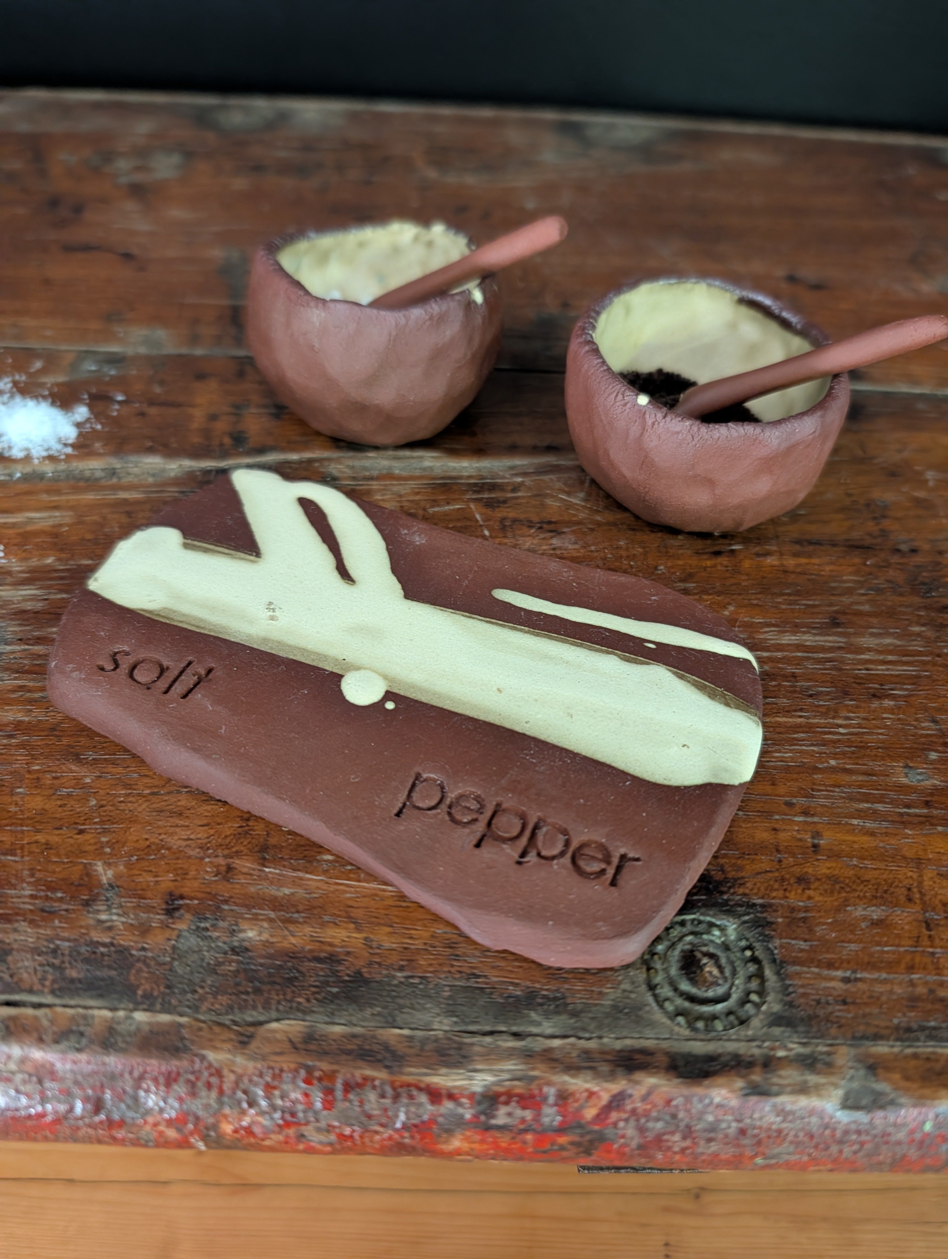 Handmade Ceramic Salt & Pepper Pots with Tray and Spoons
