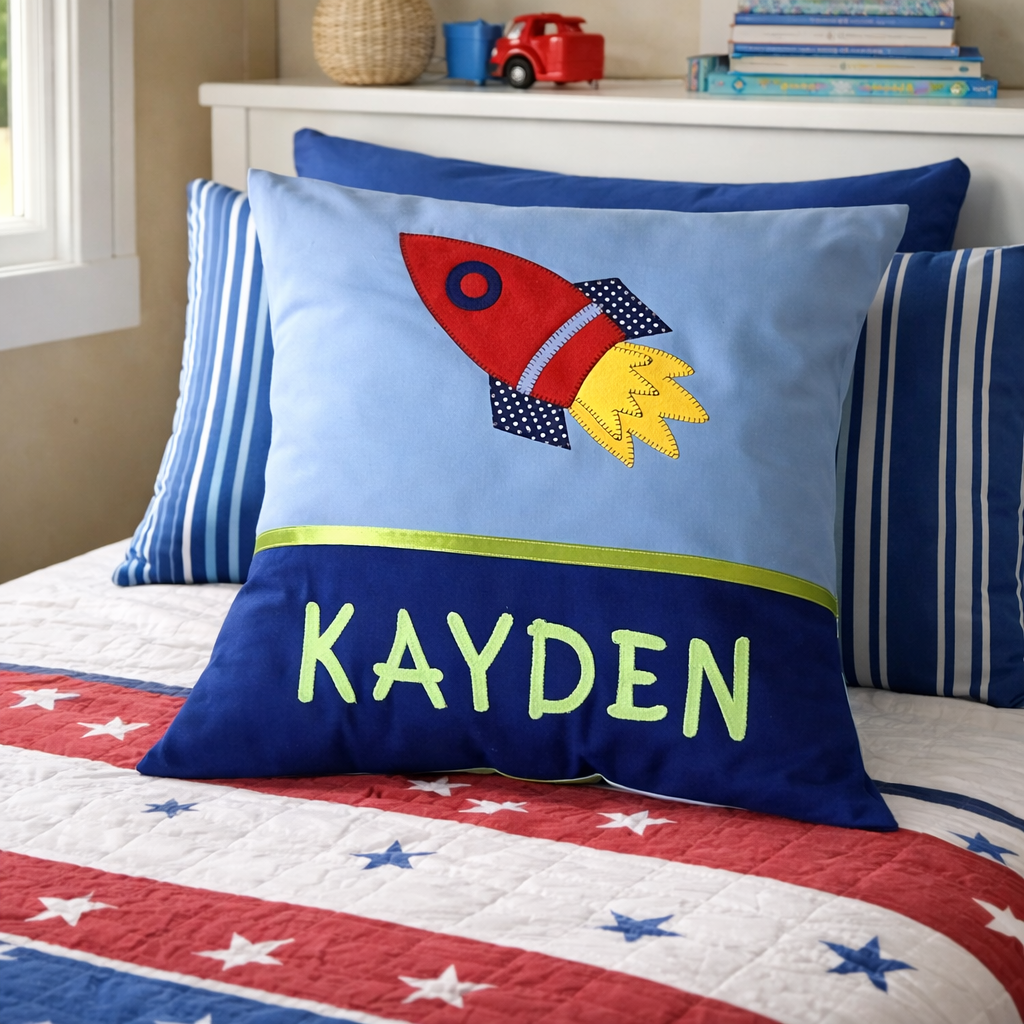 Personalised Kids Cushion | Custom Name Pillow | Handmade Applique Cushion | Nursery Decor - Rocket