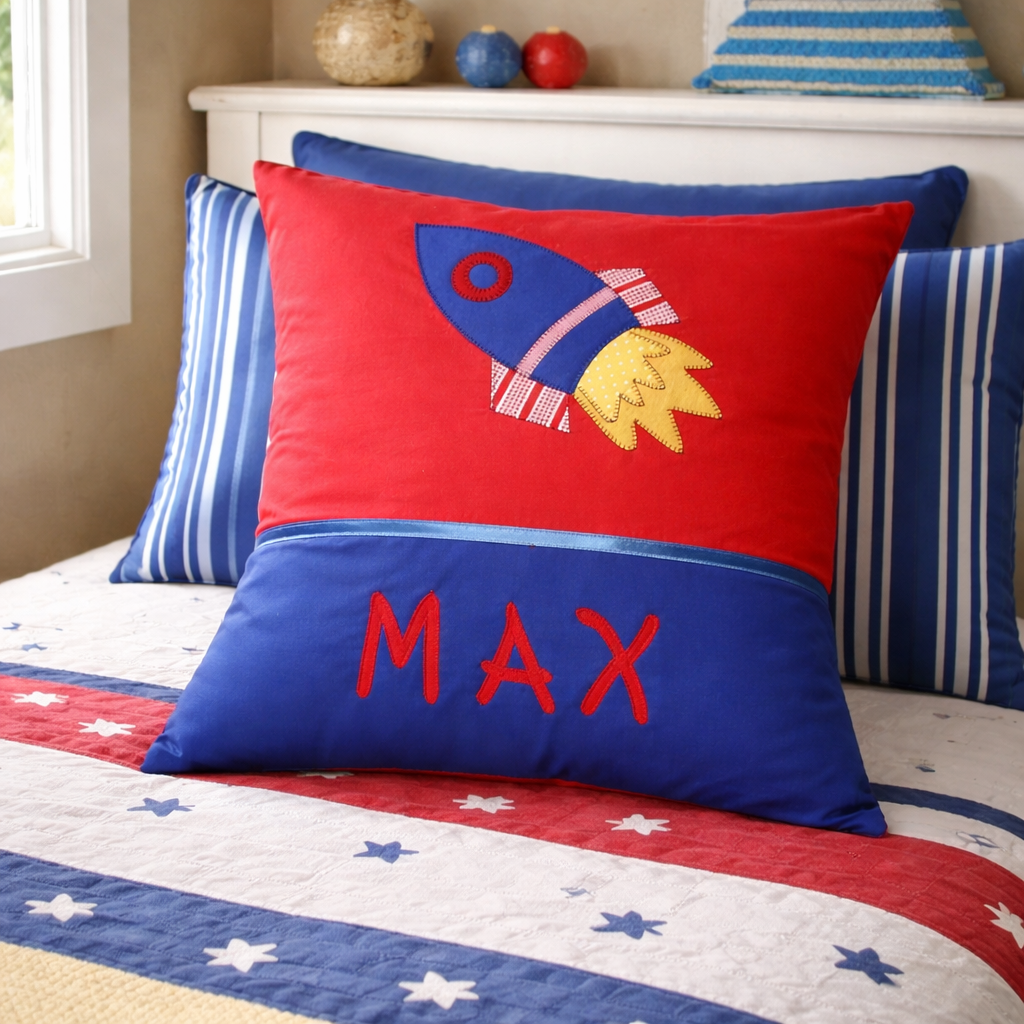 Personalised Kids Cushion | Custom Name Pillow | Handmade Applique Cushion | Nursery Decor - Rocket