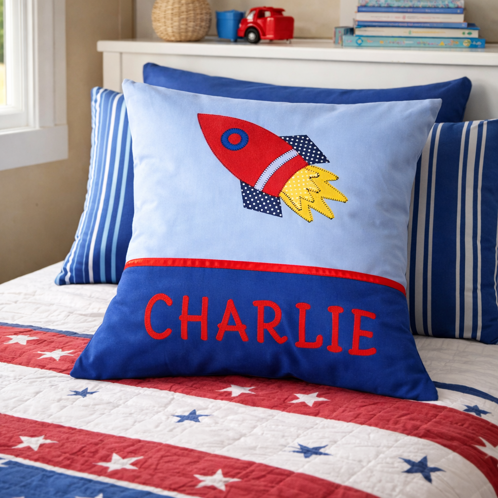 Personalised Kids Cushion | Custom Name Pillow | Handmade Applique Cushion | Nursery Decor - Rocket