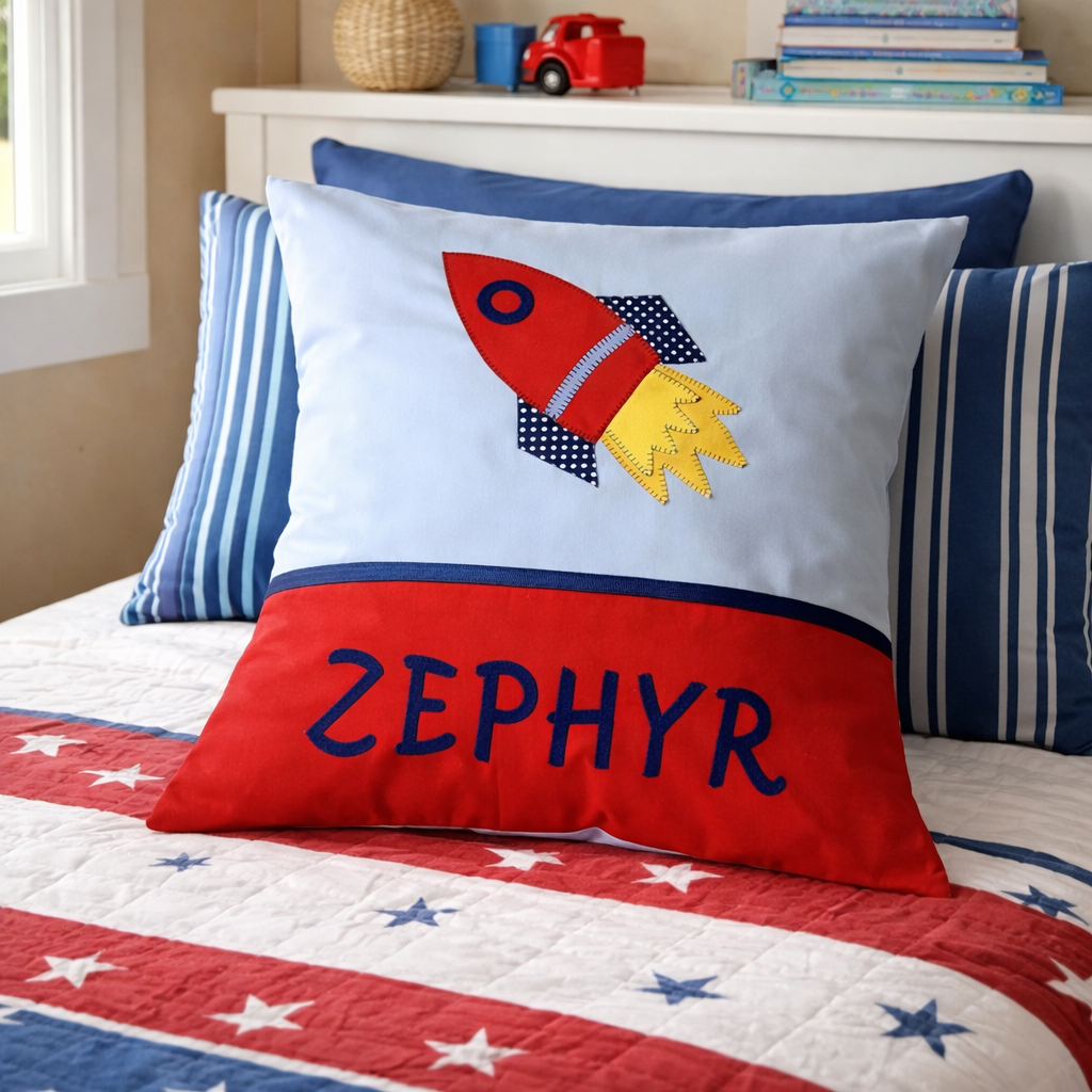 Personalised Kids Cushion | Custom Name Pillow | Handmade Applique Cushion | Nursery Decor - Rocket