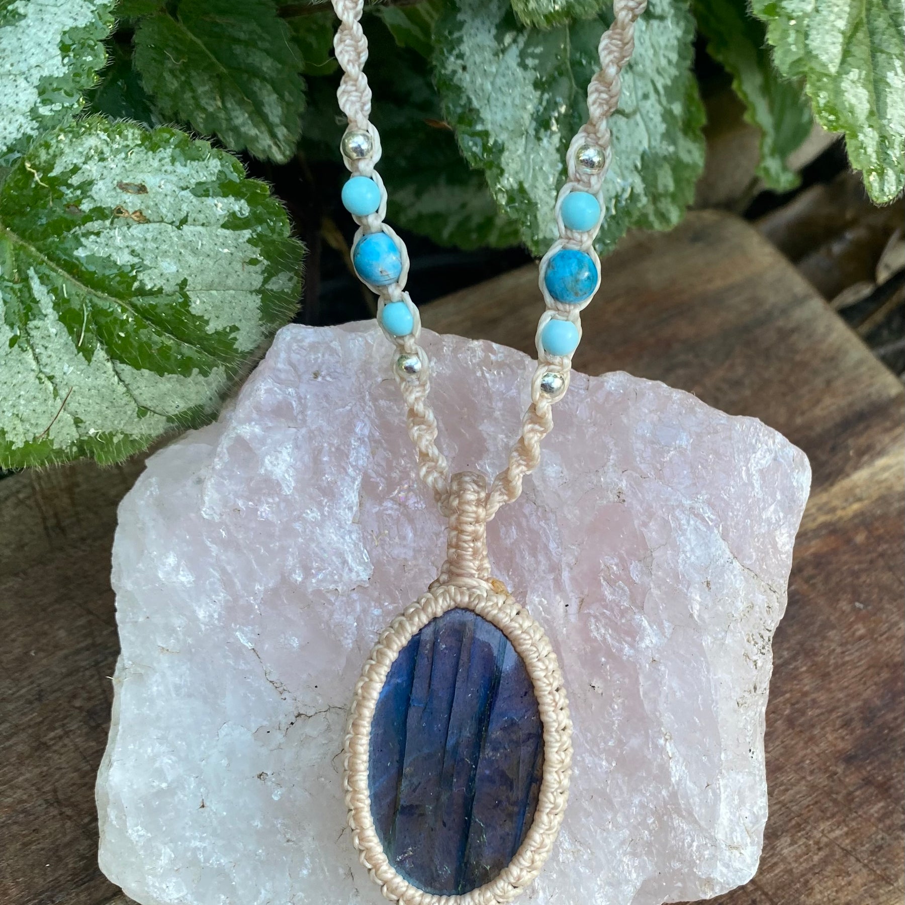 Blue Flash Labradorite Pendant: Beaded Macrame necklace, Adjustable Boho