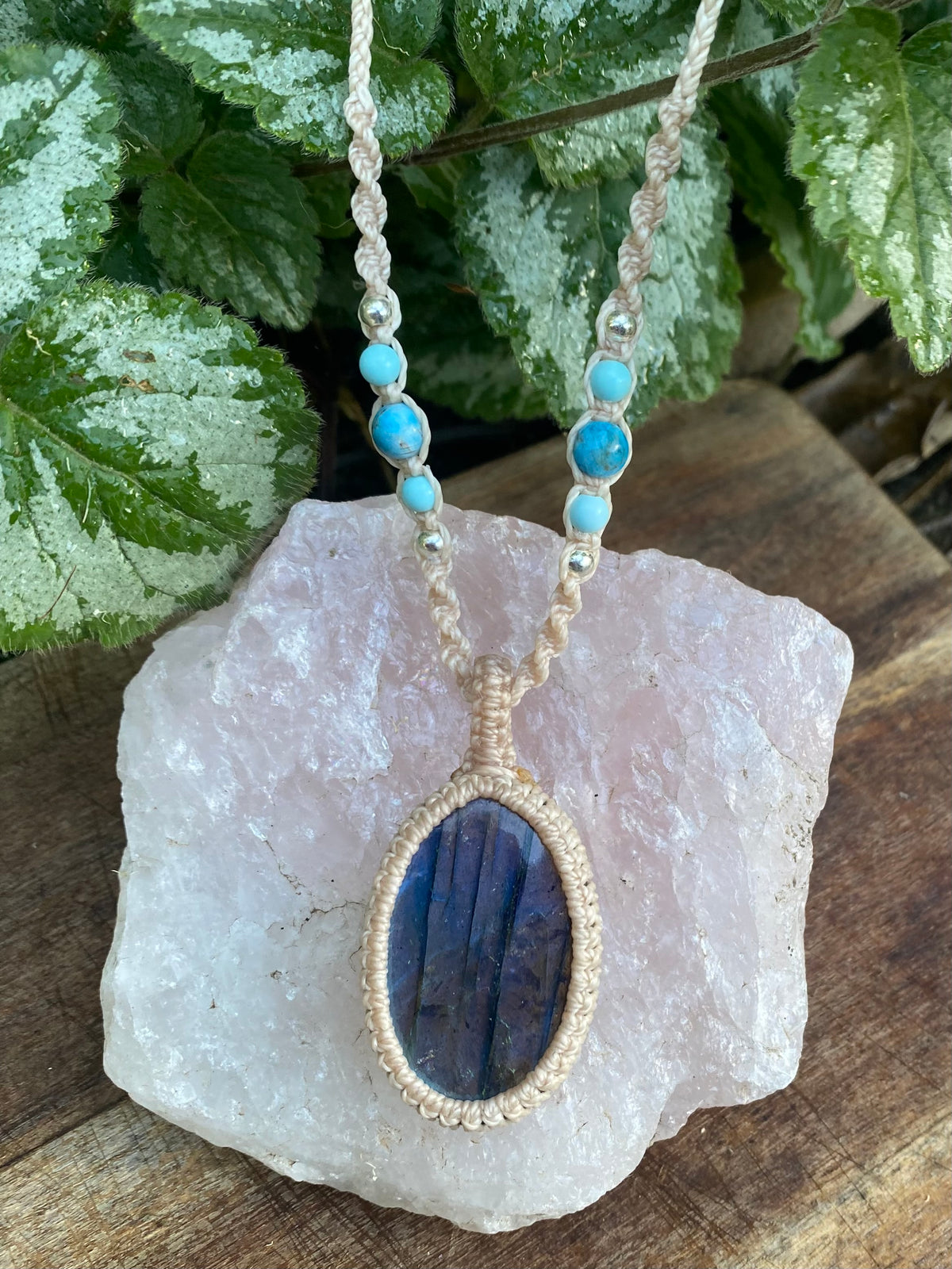 Blue Flash Labradorite Pendant: Beaded Macrame necklace, Adjustable Boho