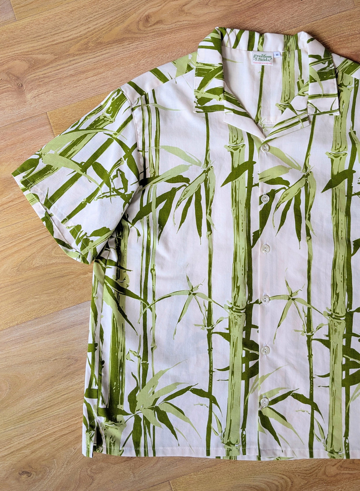 Upcycled Vintage 1970s Cotton Unisex Button-up Shirt (Green Bamboo & White / Size M)