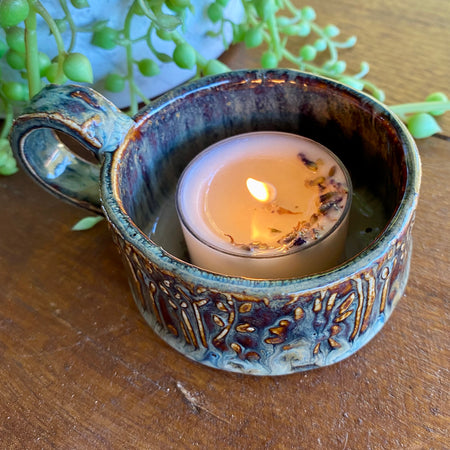 Textured Candle Holder with Dainty Handle|Handmade Pottery