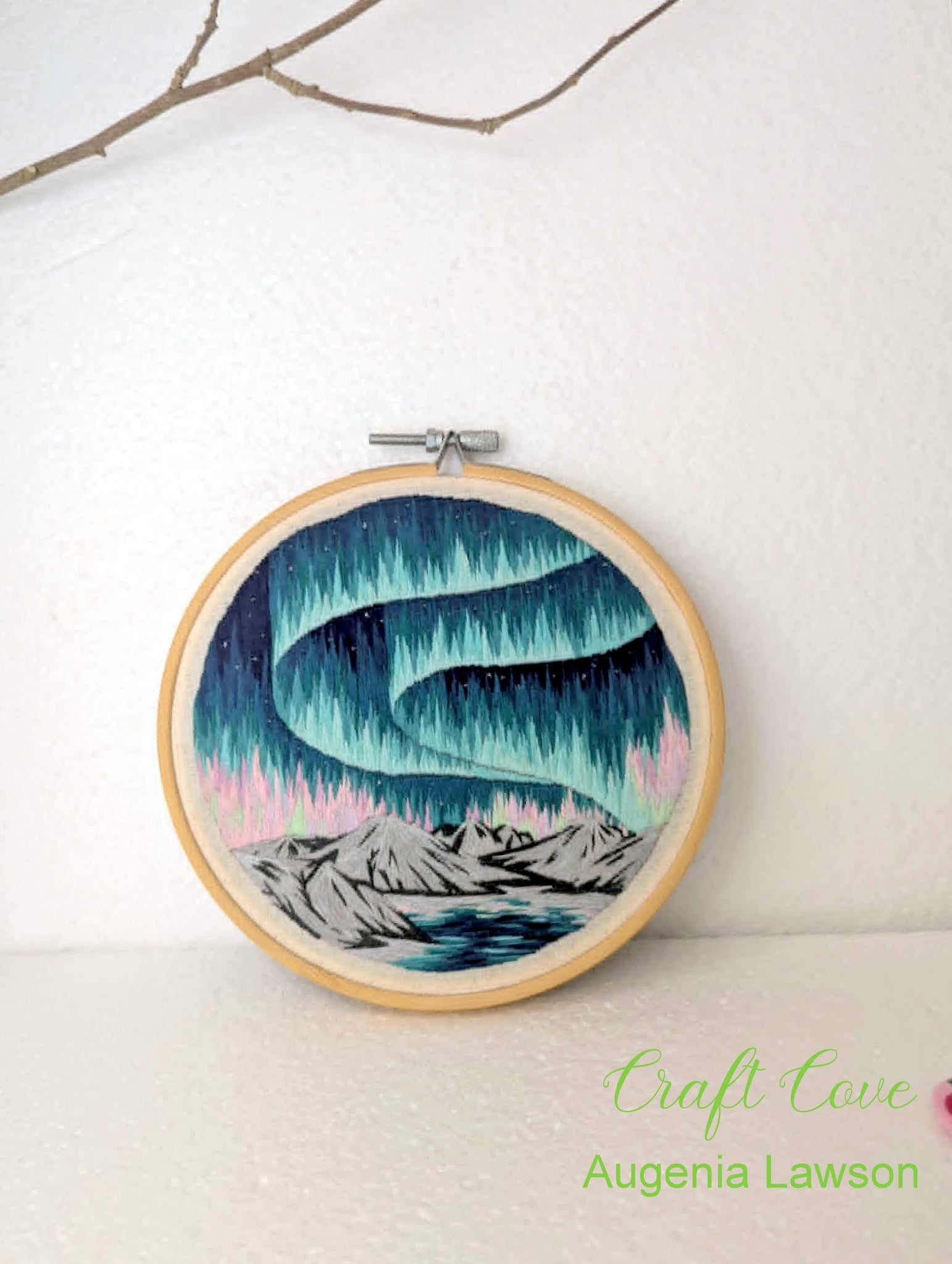 Aurora Thread Painting – Hand Embroidered Northern Lights Landscape