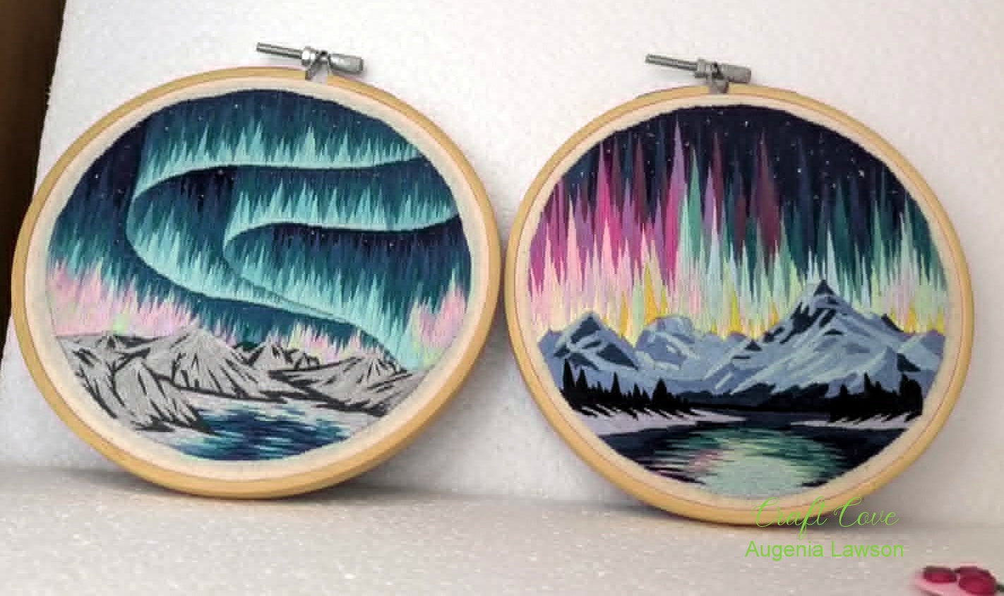 Aurora Thread Painting – Hand Embroidered Northern Lights Landscape