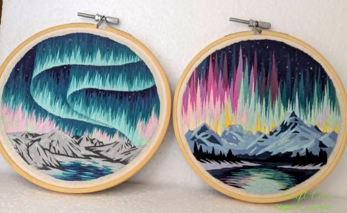Aurora Thread Painting – Hand Embroidered Northern Lights Landscape