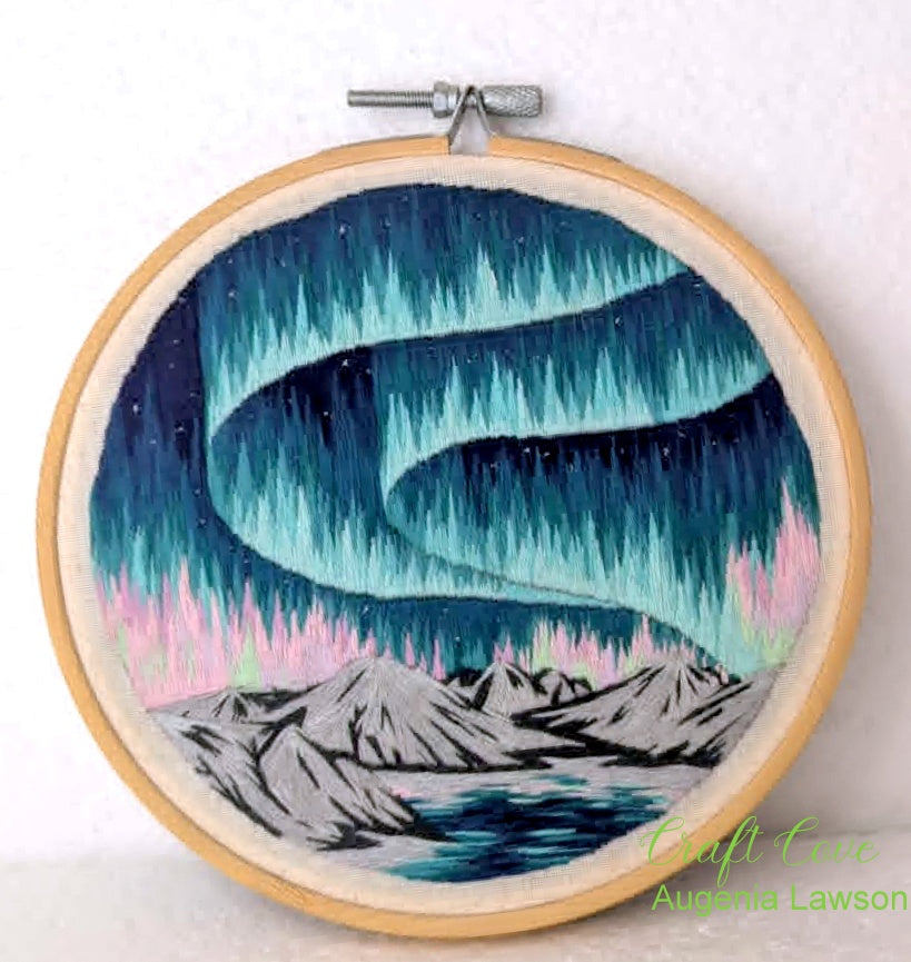 Aurora Thread Painting – Hand Embroidered Northern Lights Landscape
