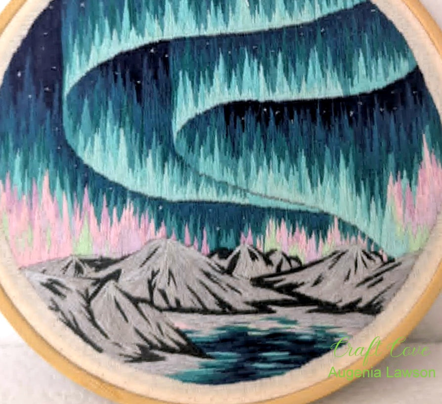 Aurora Thread Painting – Hand Embroidered Northern Lights Landscape