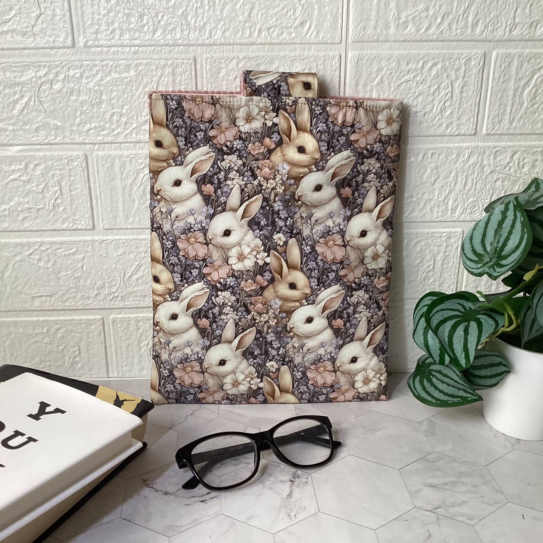 Bunny Rabbits fabric book sleeve with 2 pockets. iPad, tablet pouch