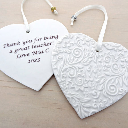 Personalised ceramic heart ornament. Ceramic decoration with custom wording