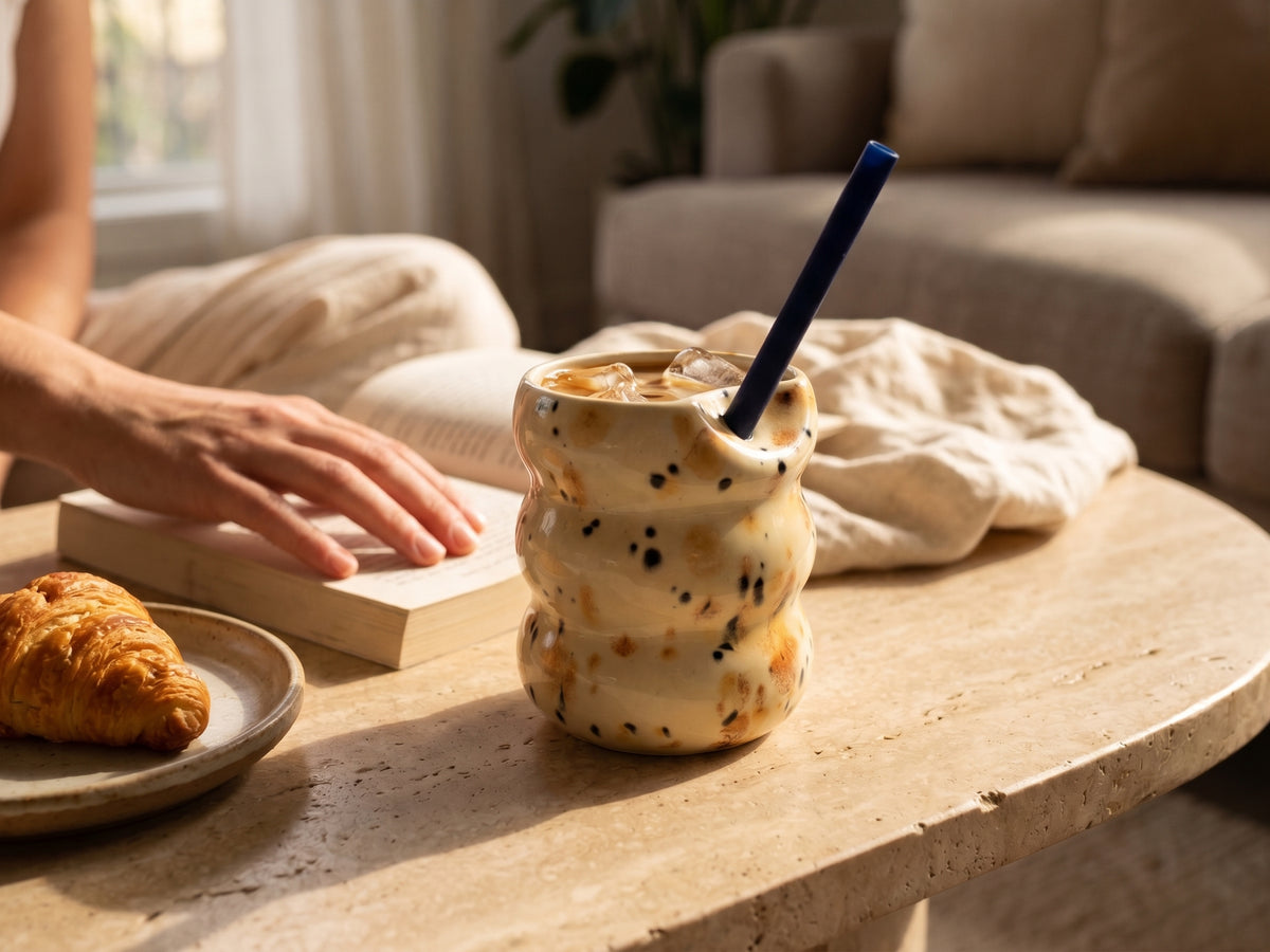 Handcrafted Porcelain Tumbler with Silicon Straw, 600mL Bubble Cup in Safari Glaze