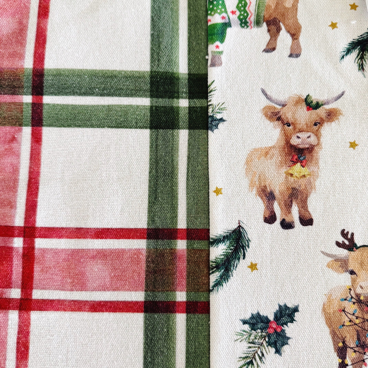 Highland cows, Christmas Japanese style cross back kitchen apron. Crafting, gardening, no ties apron.