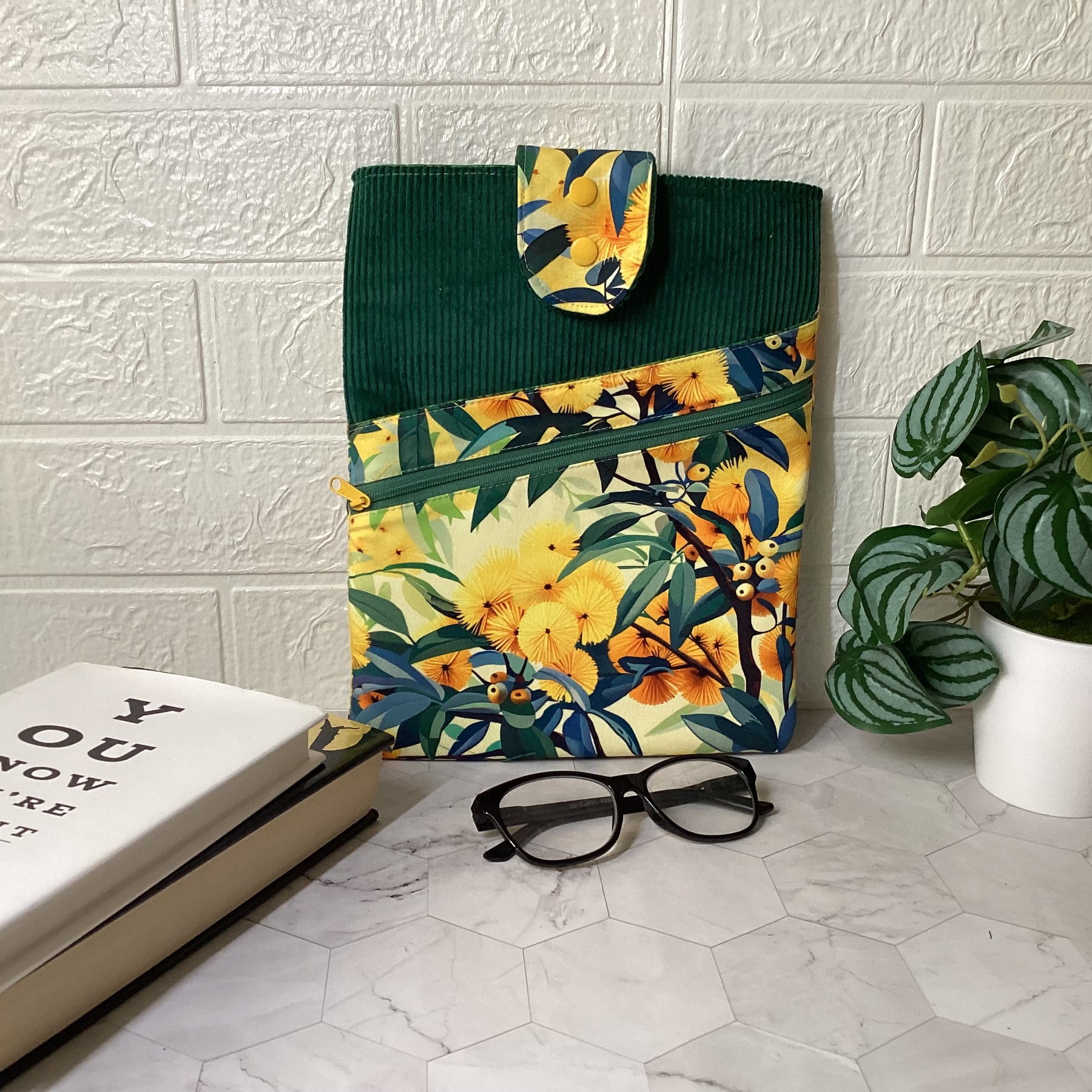Australian Wattle fabric book sleeve with 2 pockets. iPad, tablet pouch