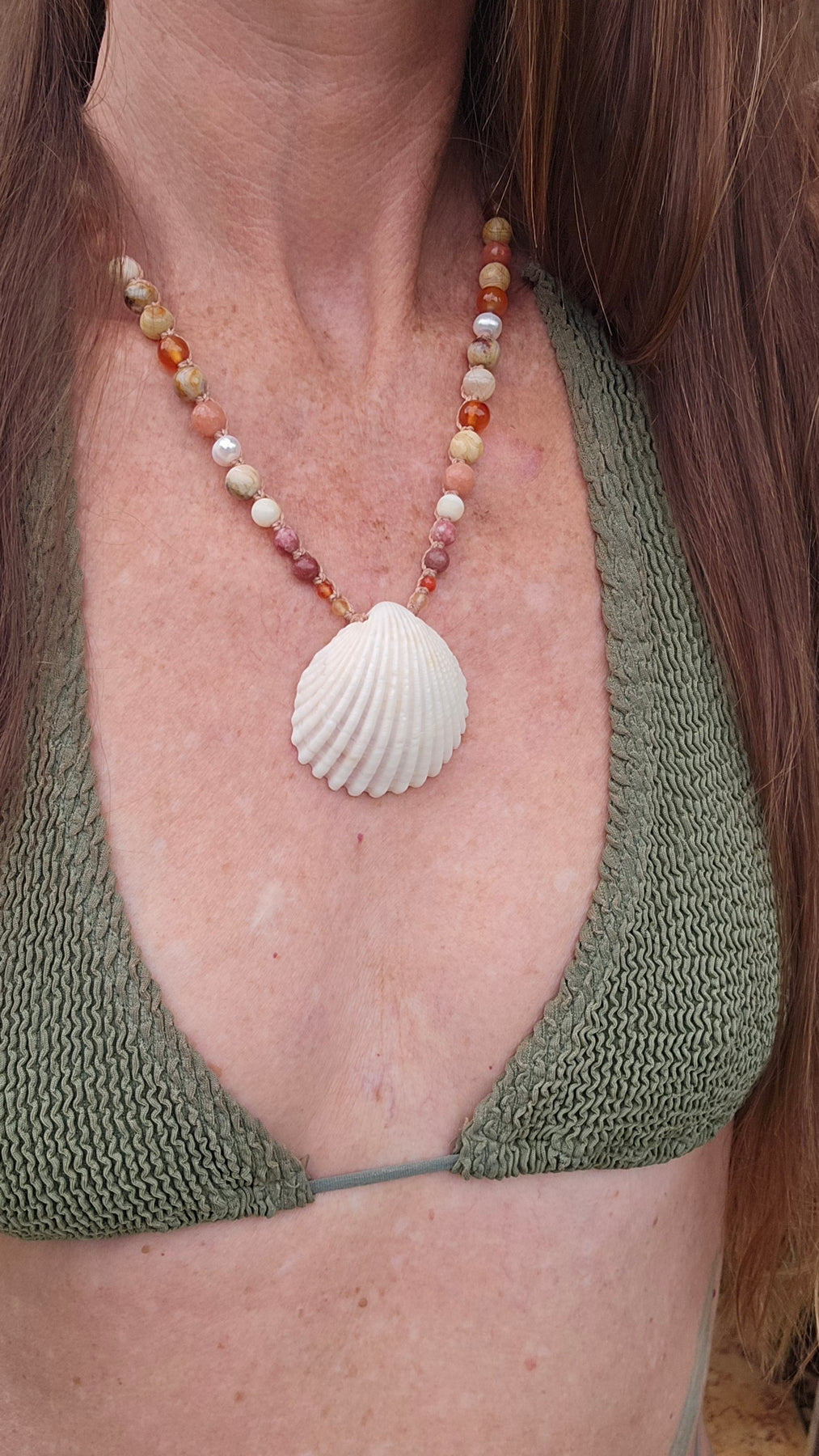 Cockle Shell Necklace Adjustable with Pearls and Gemstones