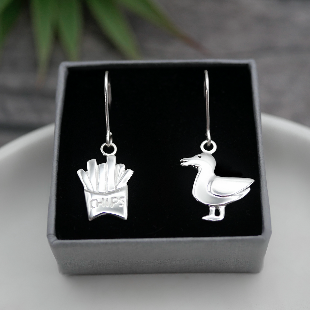 Seagull & Chips Earrings - Handmade Sterling Silver Mismatched Earrings