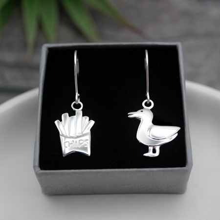 Seagull & Chips Earrings - Handmade Sterling Silver Mismatched Earrings