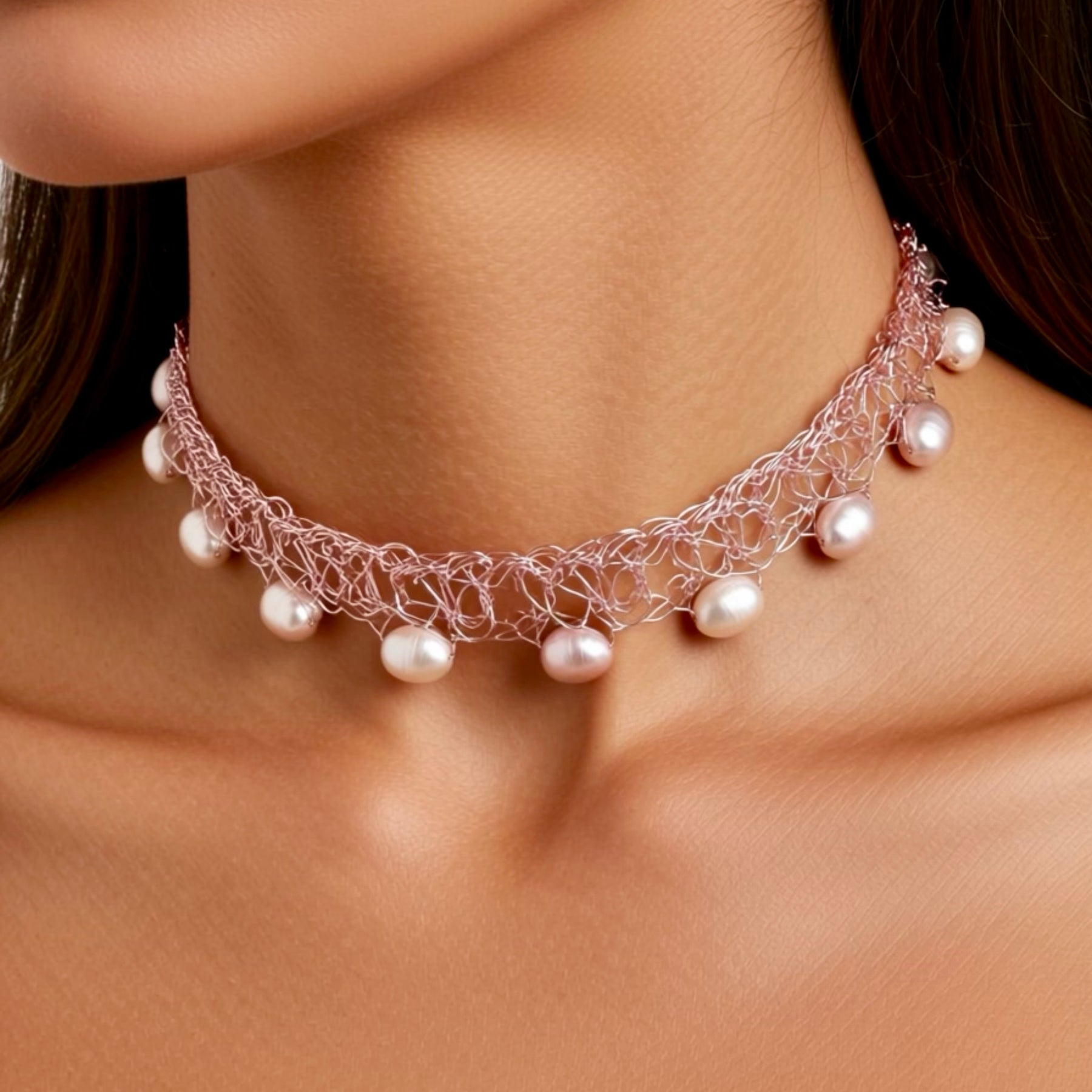 “Blossom” — Rose pearl crochet choker