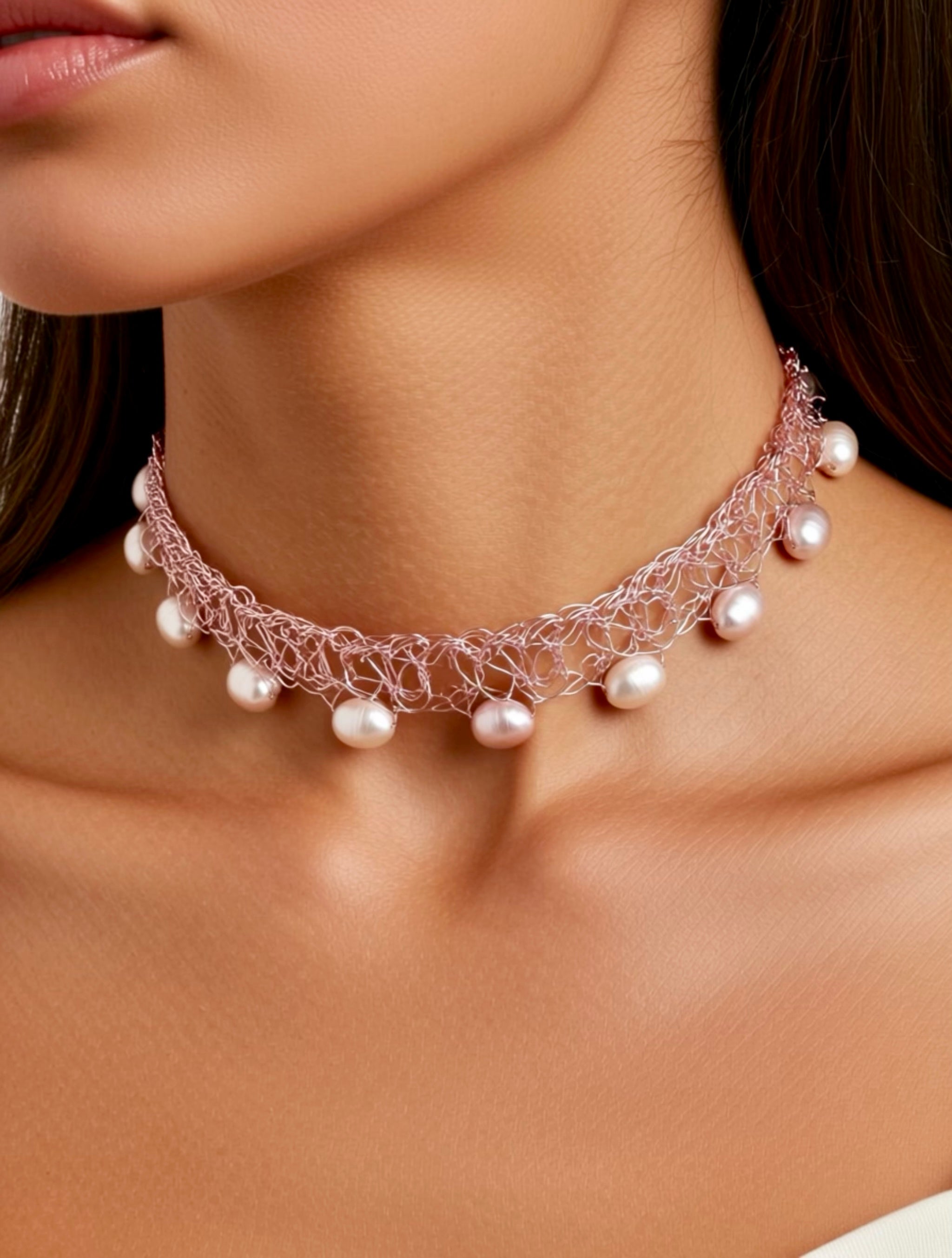 “Blossom” — Rose pearl crochet choker