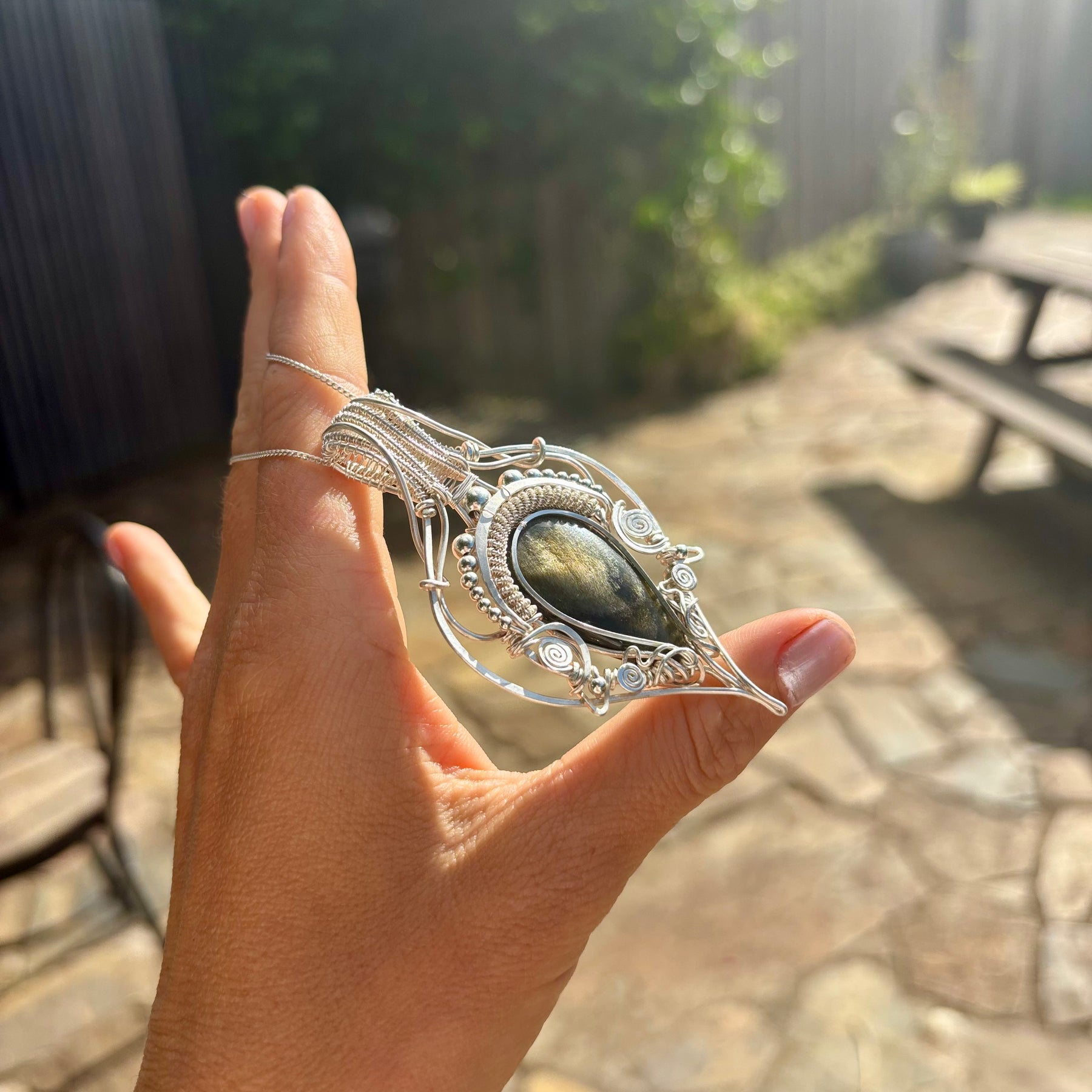 Golden sheen obsidian crystal pendant creation