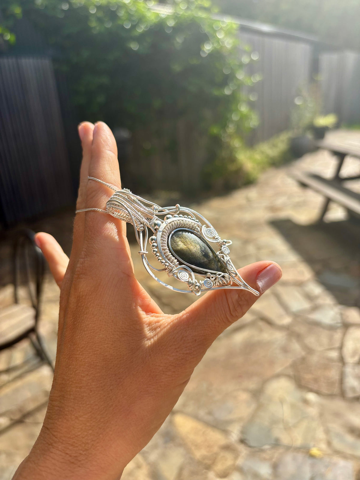 Golden sheen obsidian crystal pendant creation
