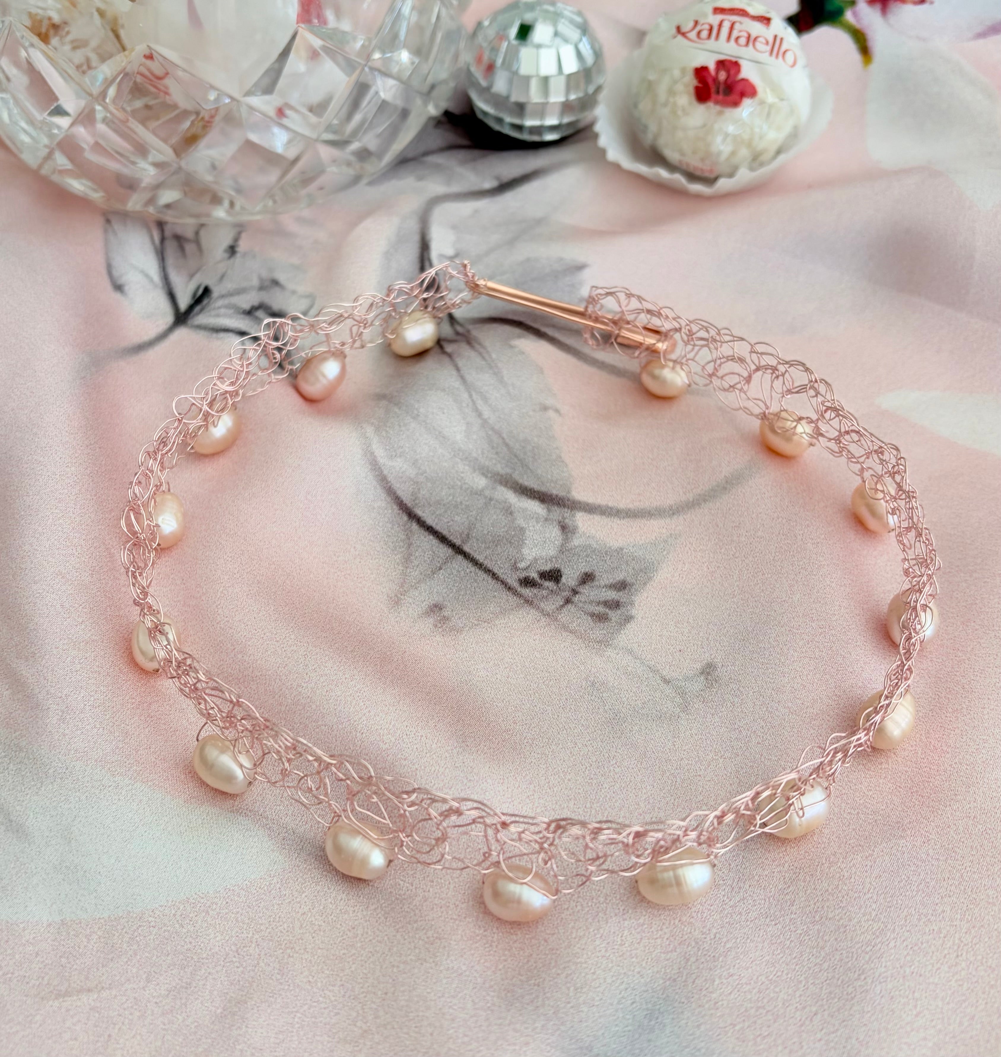 “Blossom” — Rose pearl crochet choker