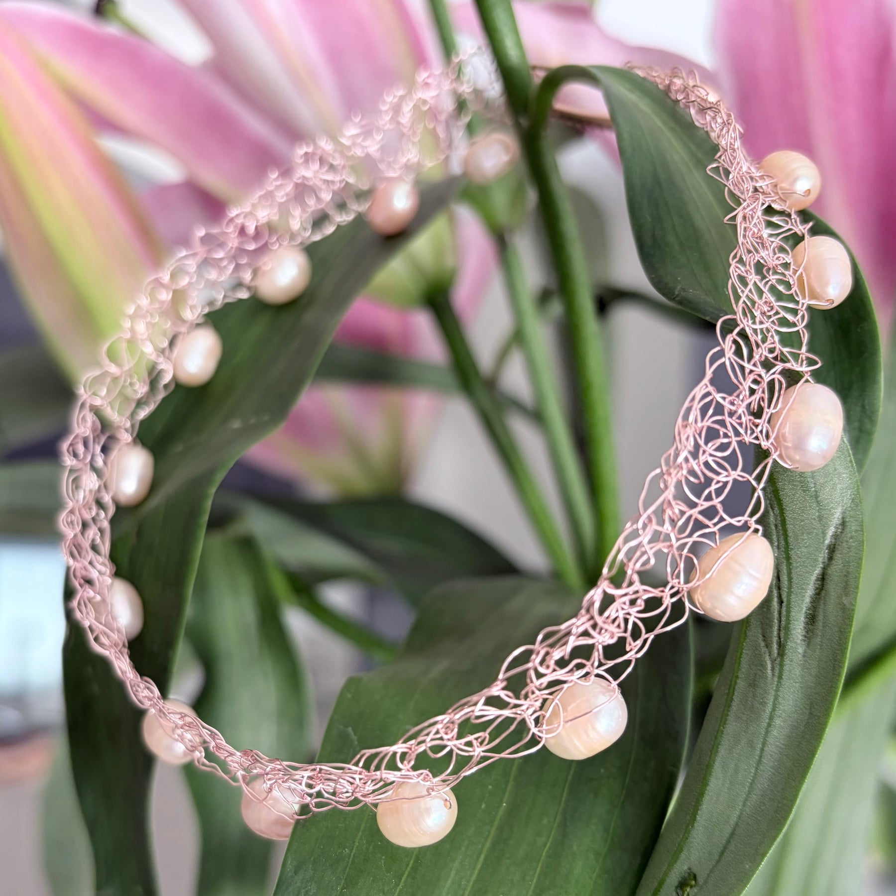 “Blossom” — Rose pearl crochet choker