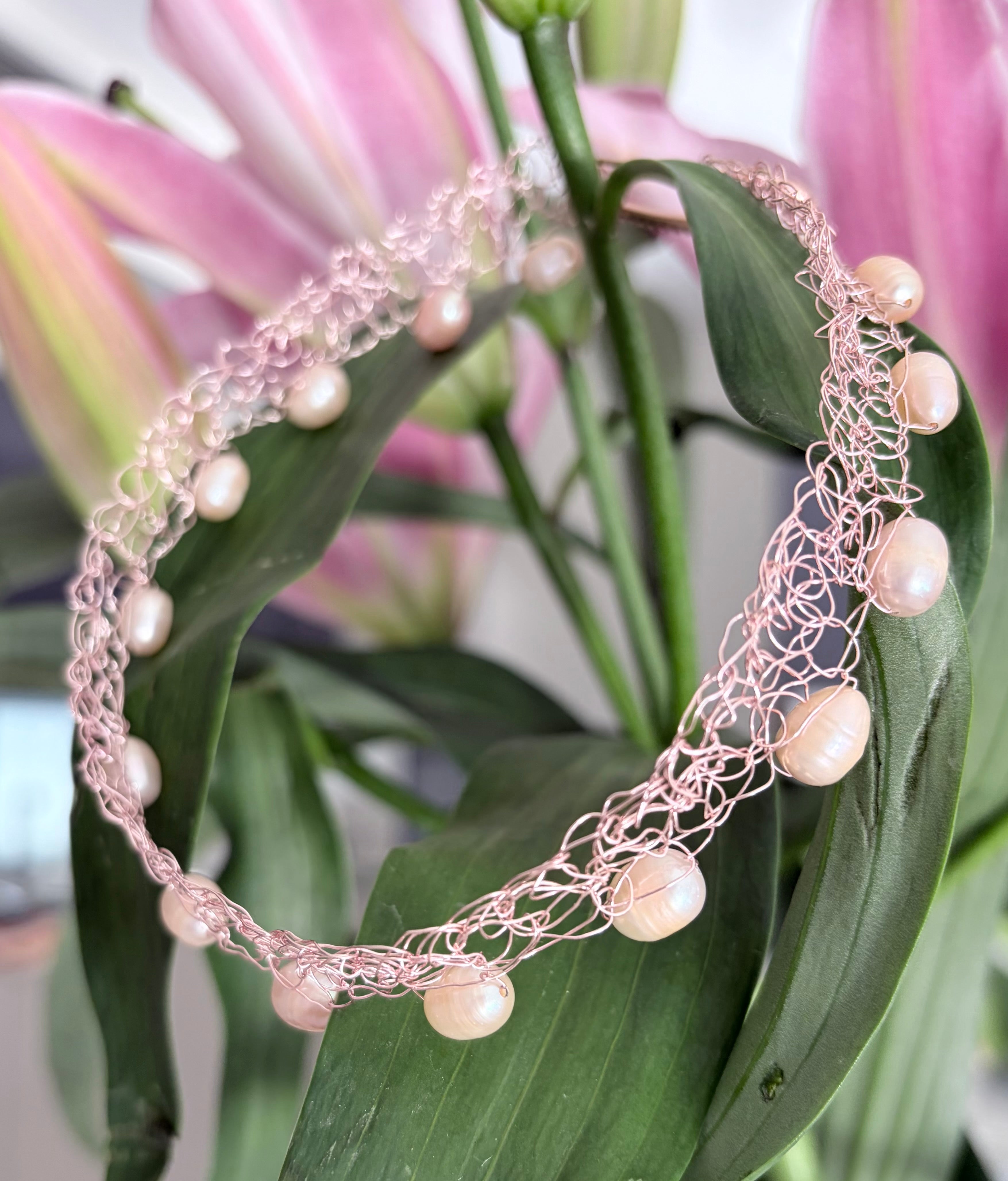 “Blossom” — Rose pearl crochet choker
