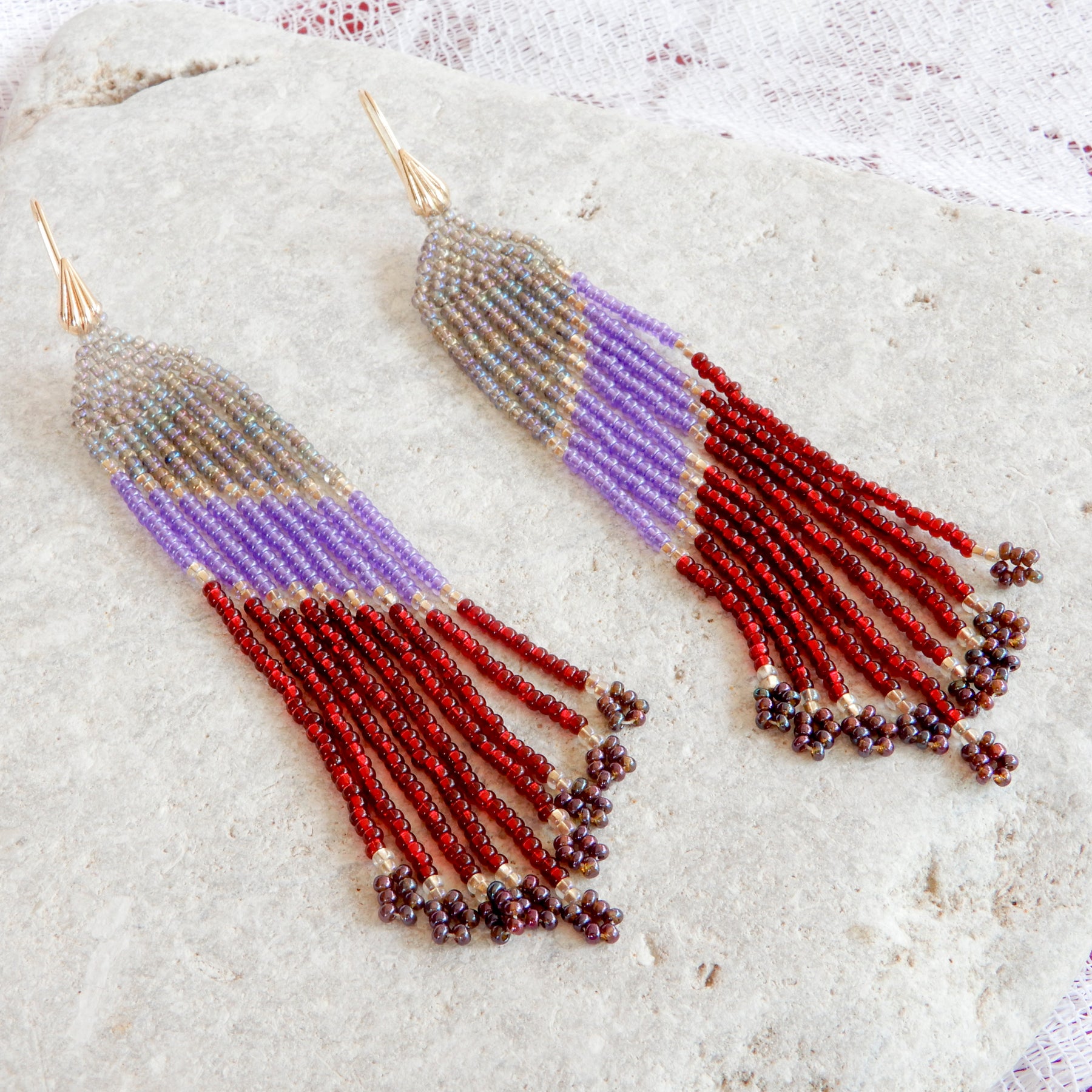 Iris & Lilac Beaded Fringe Earrings
