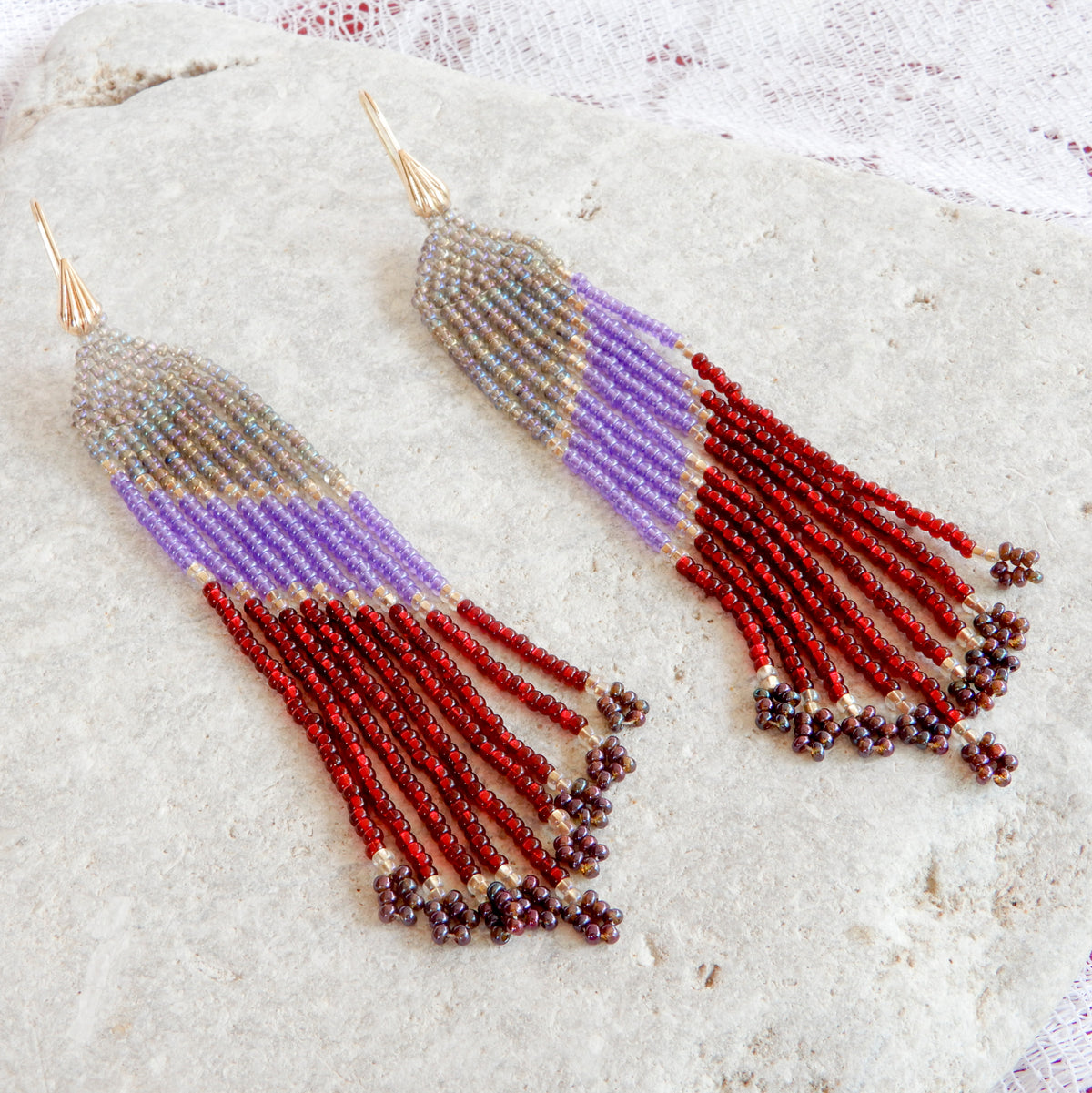 Iris & Lilac Beaded Fringe Earrings