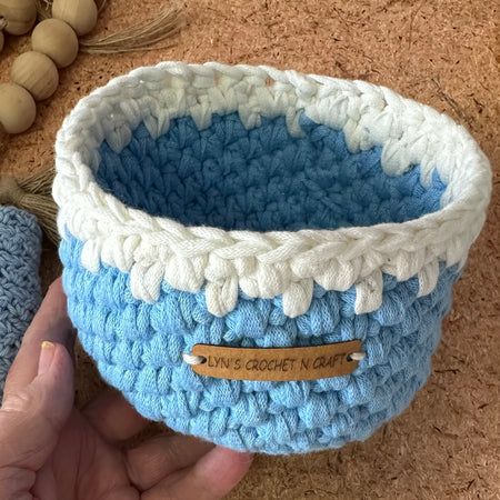 Handmade Crochet Blue & White Baby Basket - small