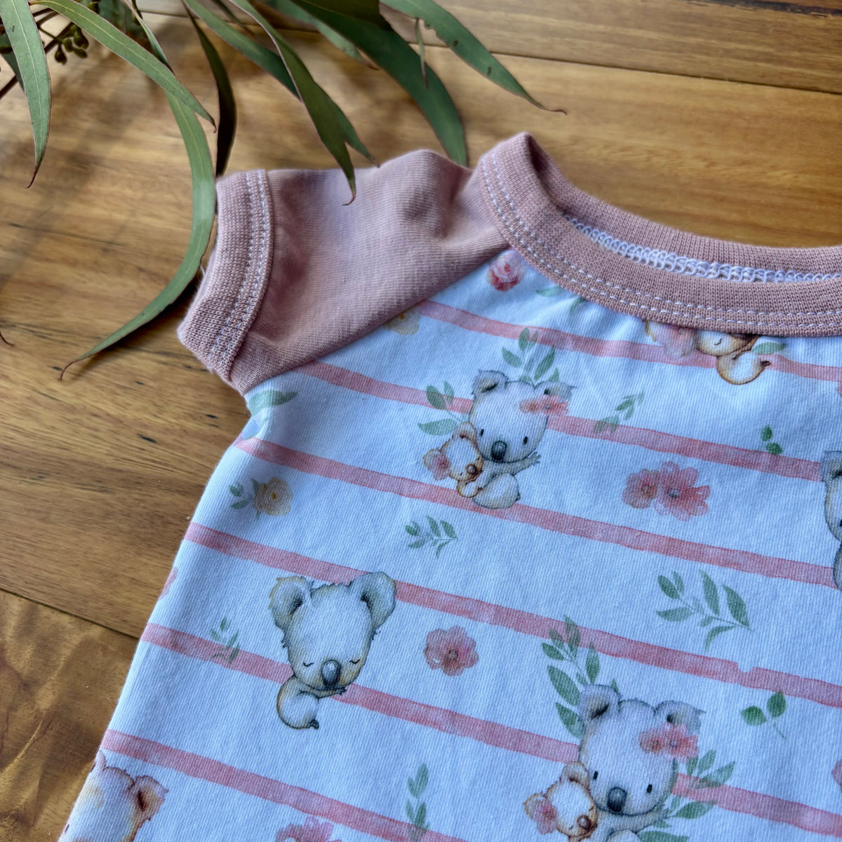 Baby Short Sleeved Bodysuit | Pink Koala Stripe | Size premmie to 2 | Made to order