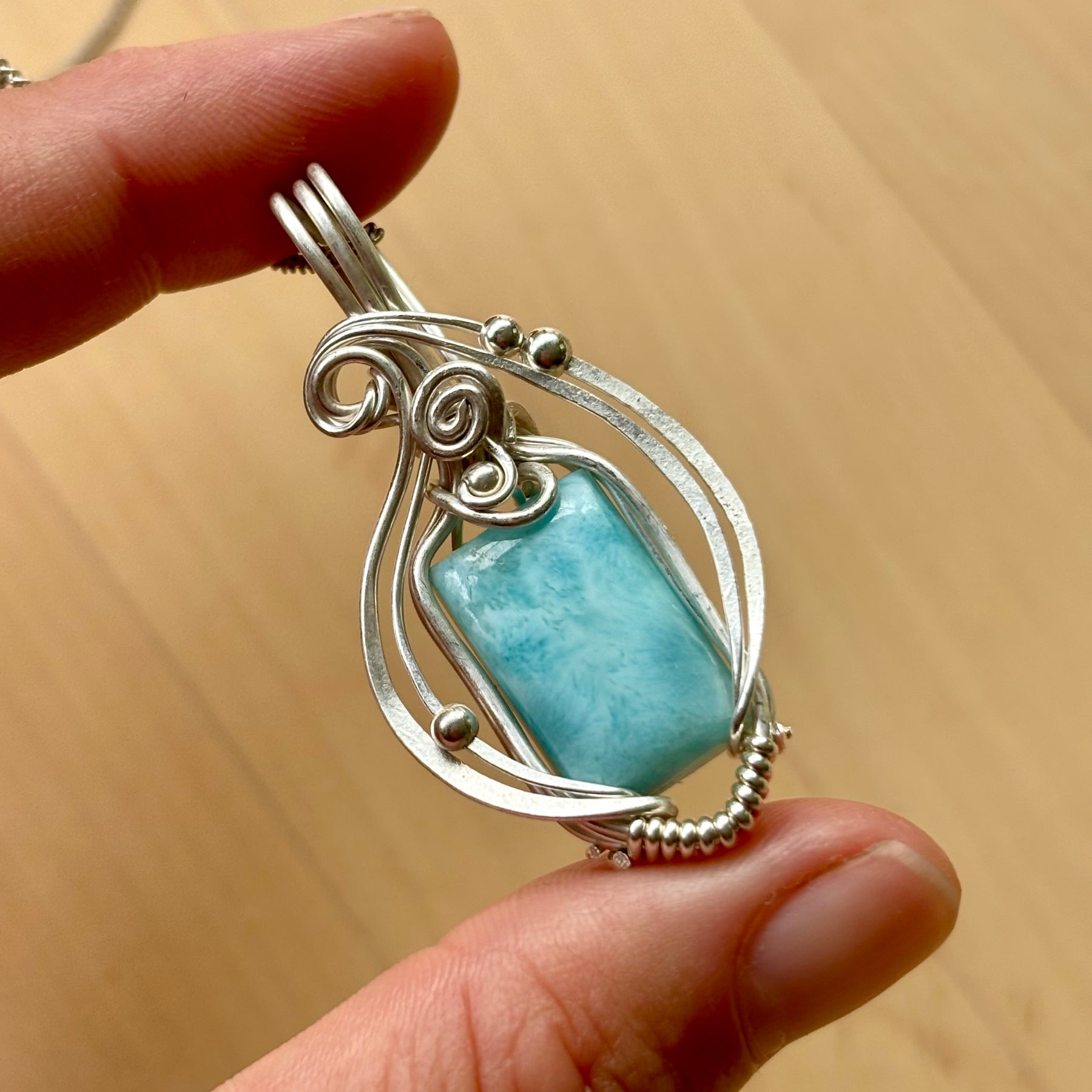 Simple silver Larimar crystal pendant
