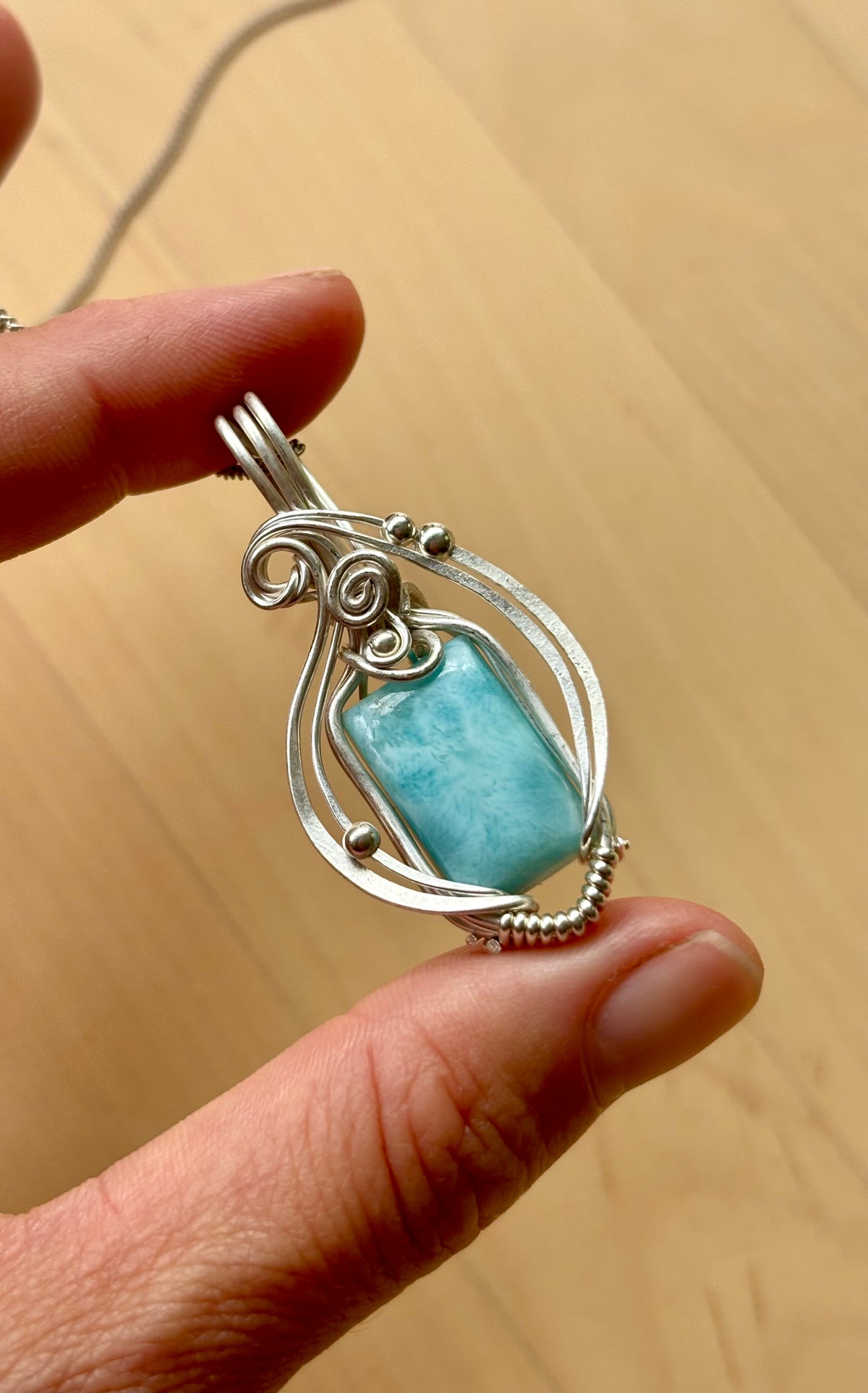 Simple silver Larimar crystal pendant