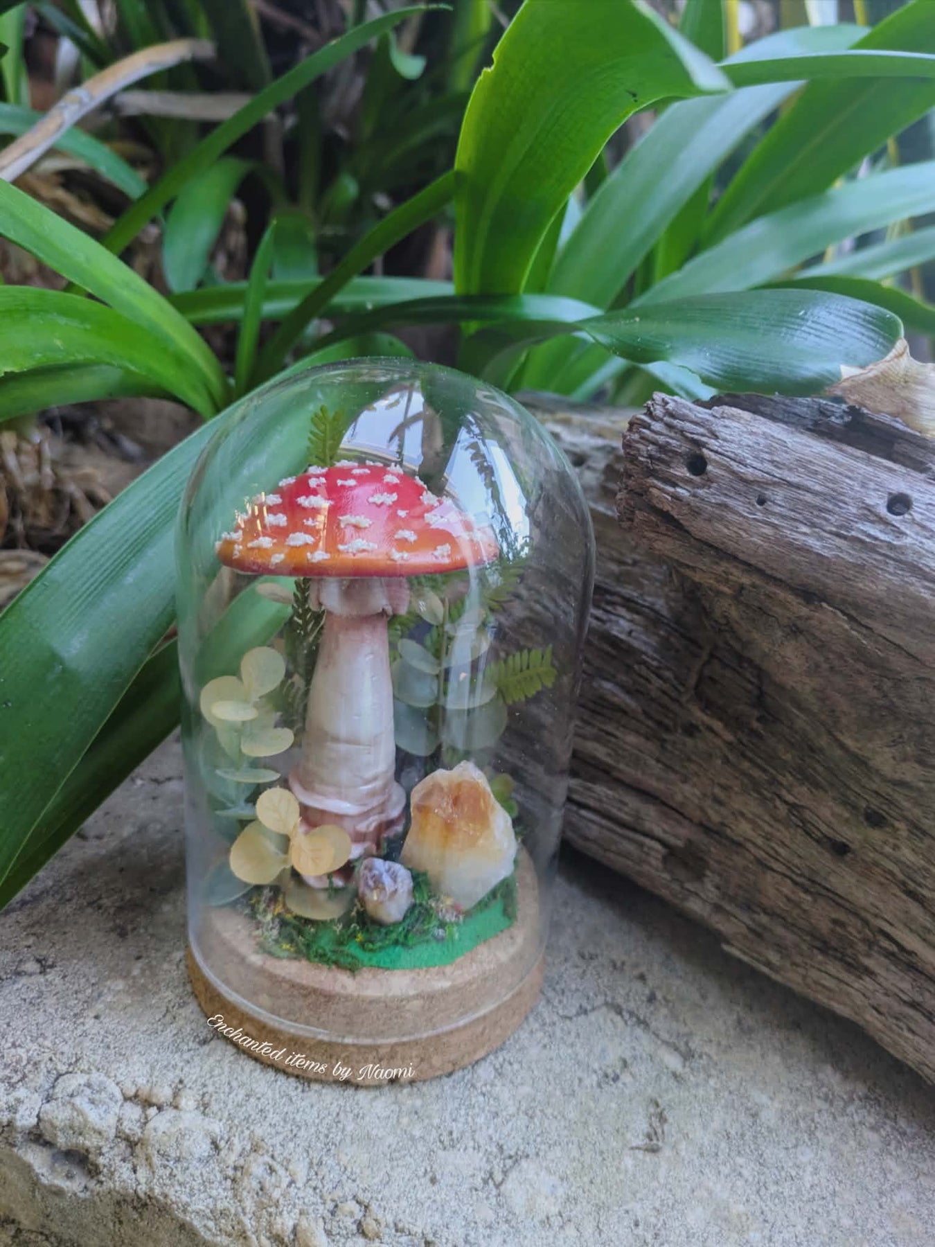 Hand Sculpted Amanita Mushroom & Citrine Crystal Dome