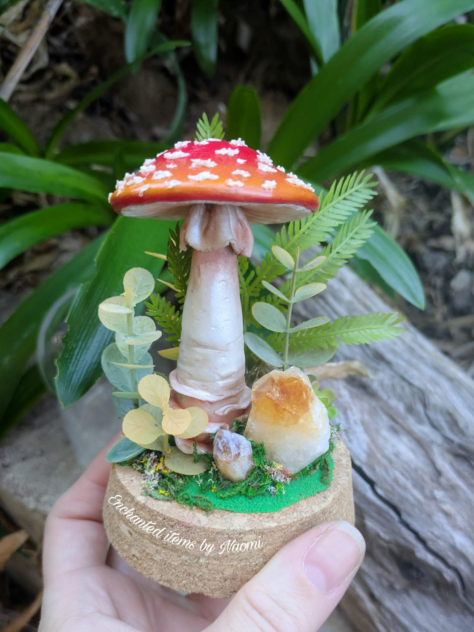 Hand Sculpted Amanita Mushroom & Citrine Crystal Dome